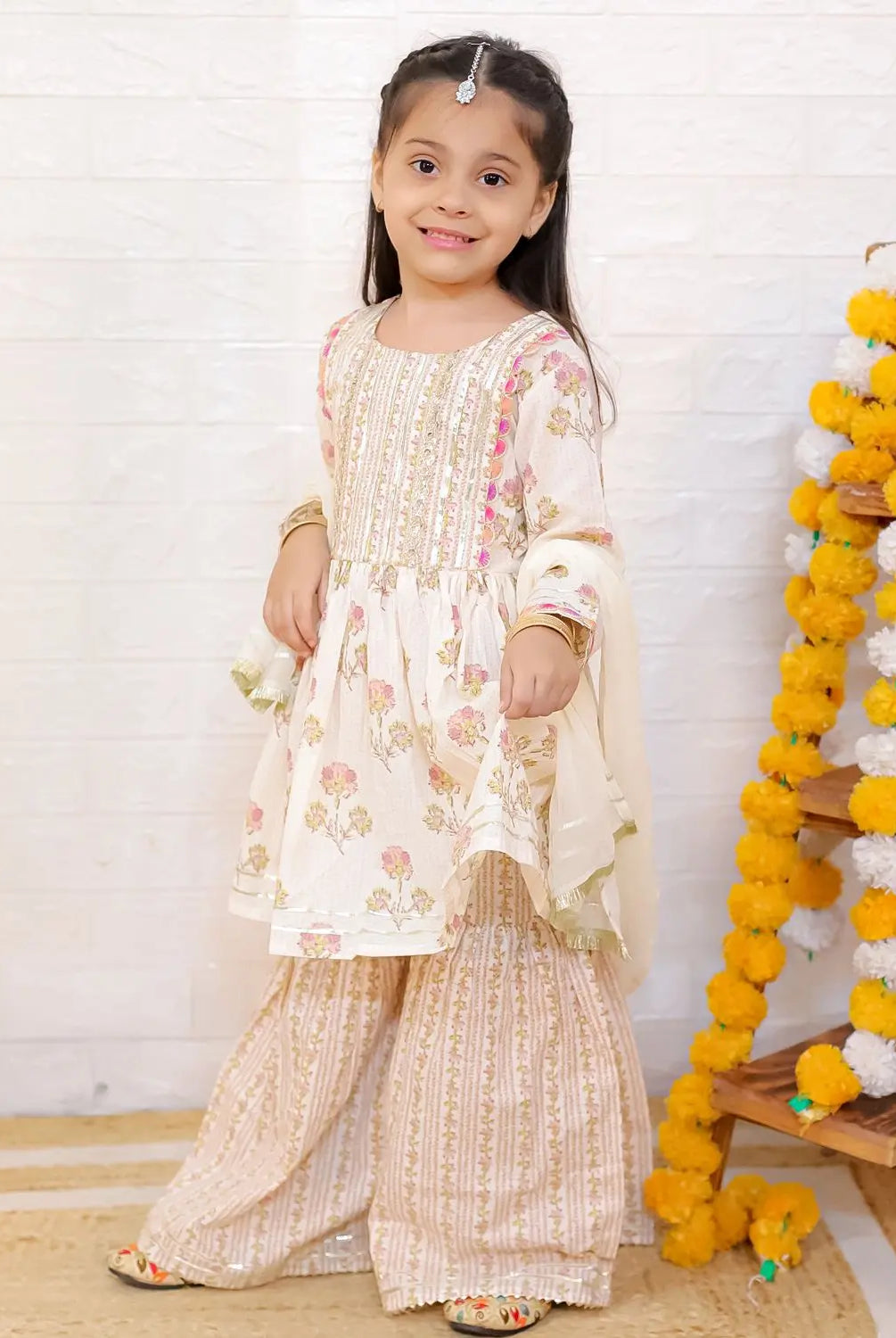 Pink Bloom Cotton Girls Kurti Sharara with matching Dupatta