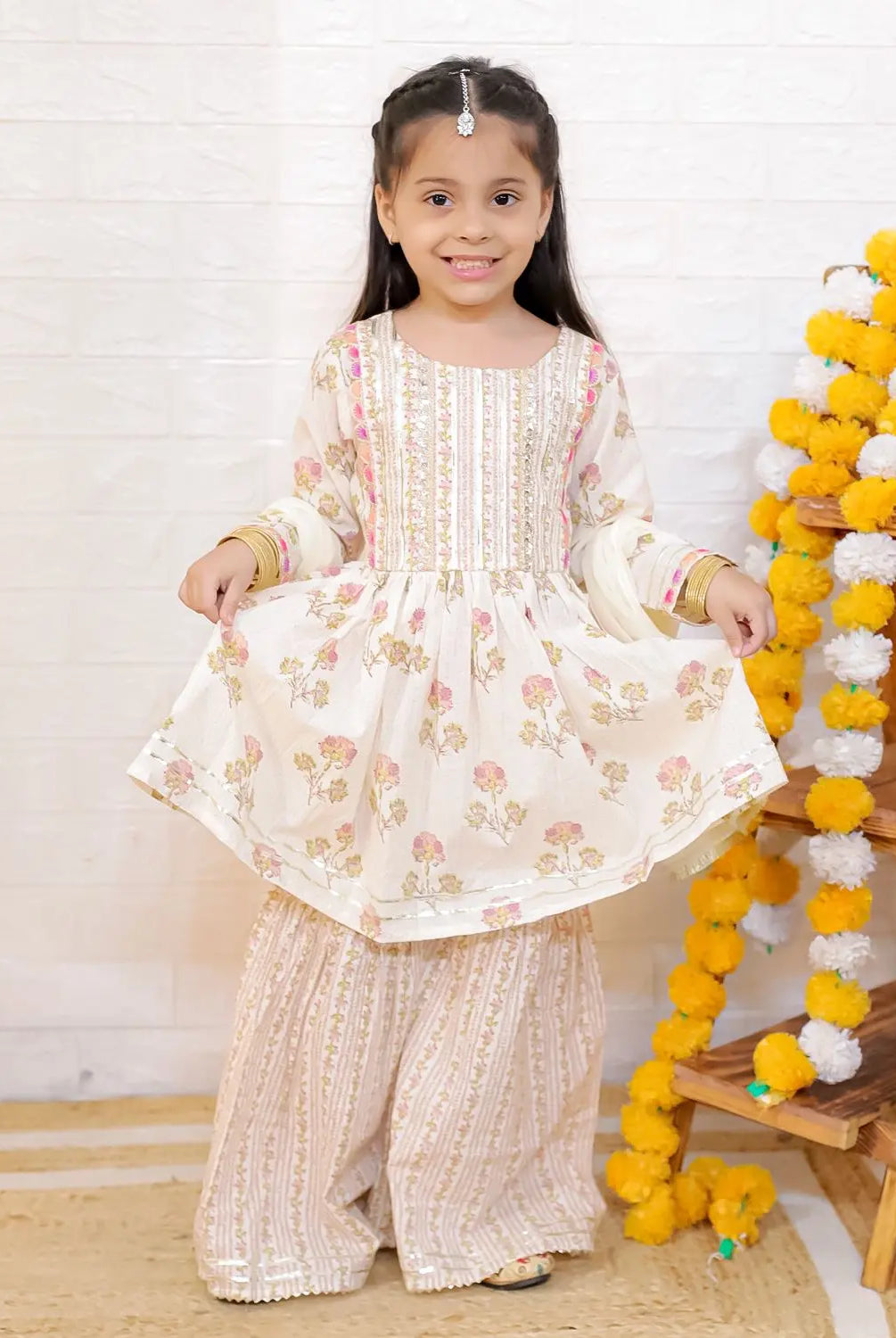 Pink Bloom Cotton Girls Kurti Sharara with matching Dupatta