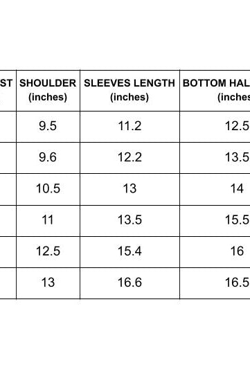Size Chart Jhilmil Kurta Pajama set