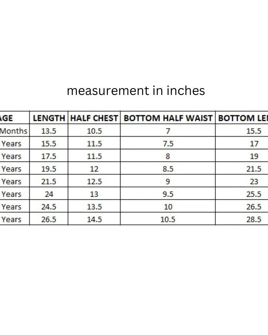 size chart for yellow kurta salwar set for girls