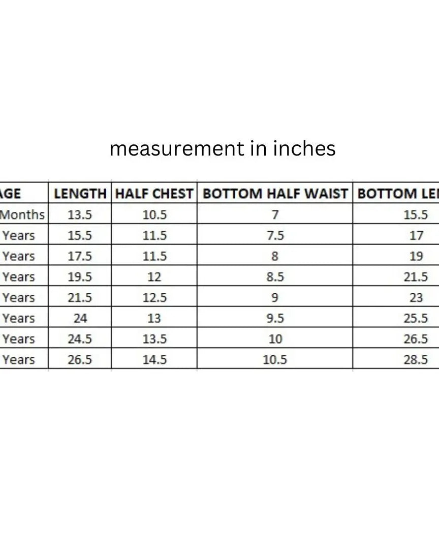 size chart for yellow kurta salwar set for girls