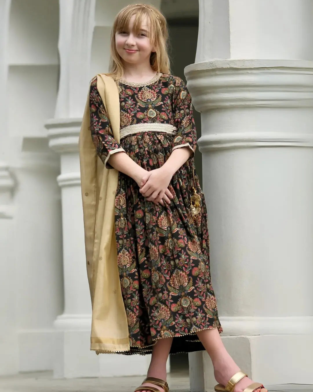 Nama Girls Black Anarkali Gown Dress in Pink & Red Nimbu