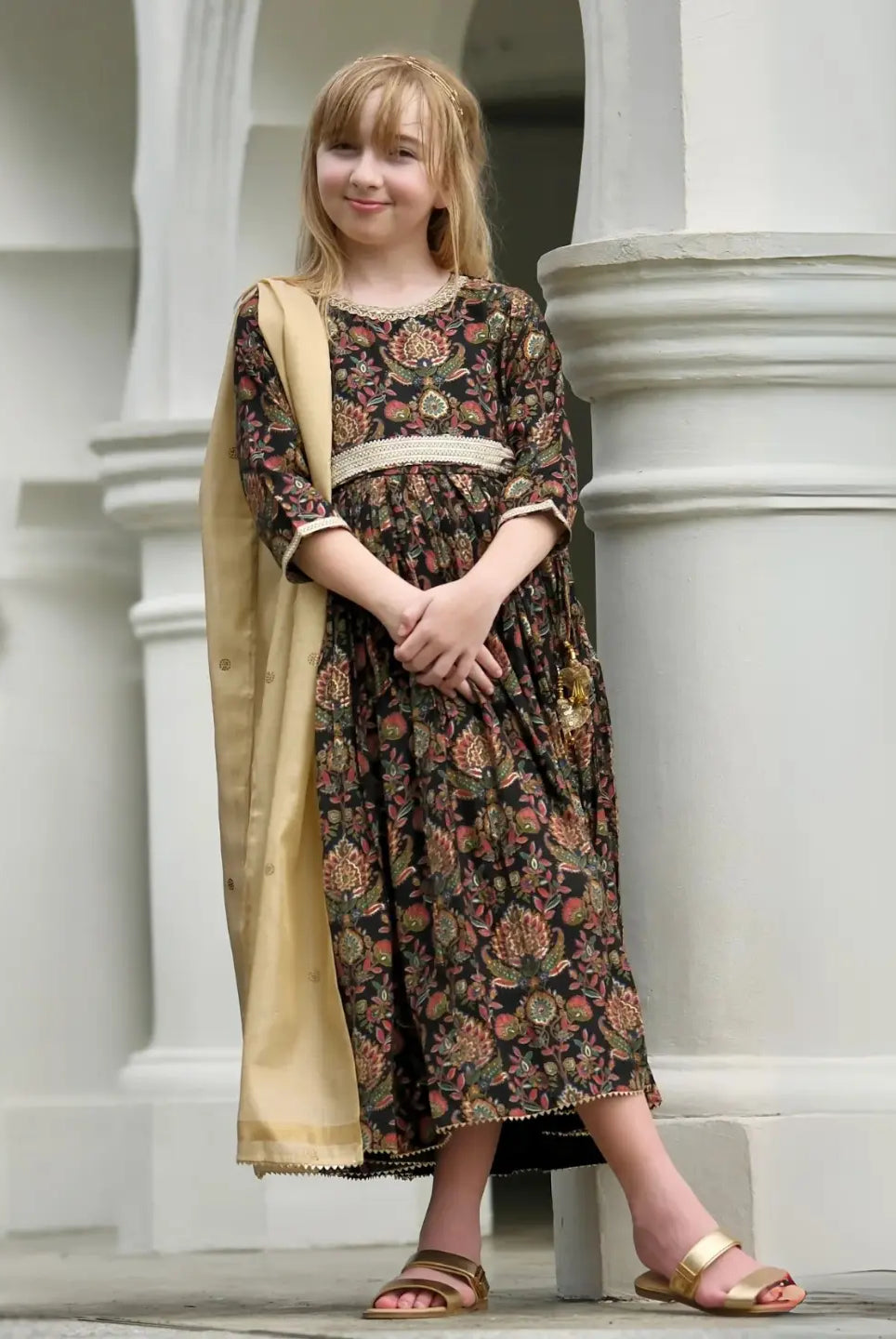 Nama Girls Black Anarkali Gown Dress in Pink & Red Nimbu