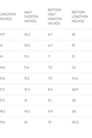 size chart Nira Peplum top with Dhoti in orange