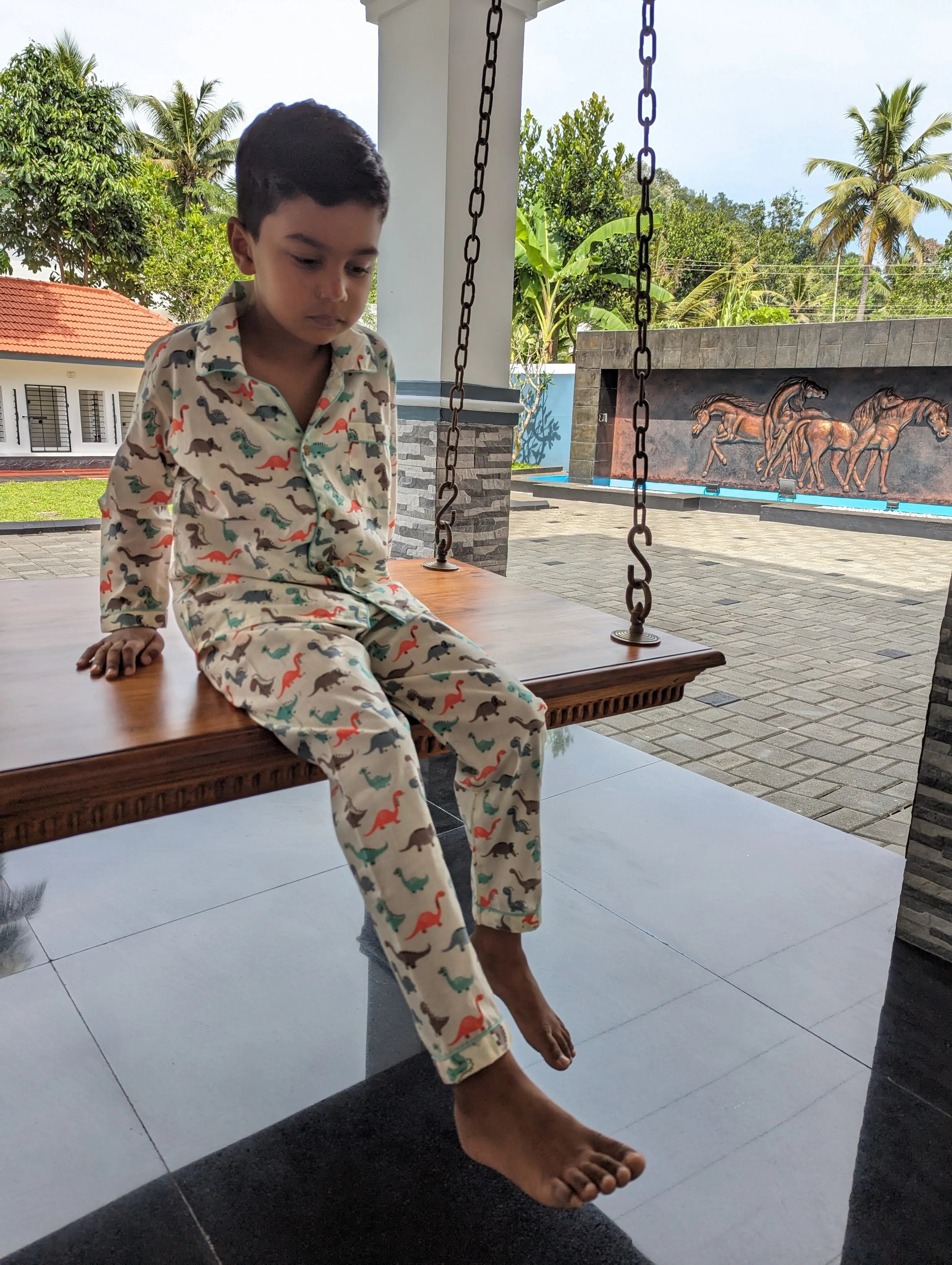 Dancing Dino Cotton PJ set for Kids Nimbu Kids