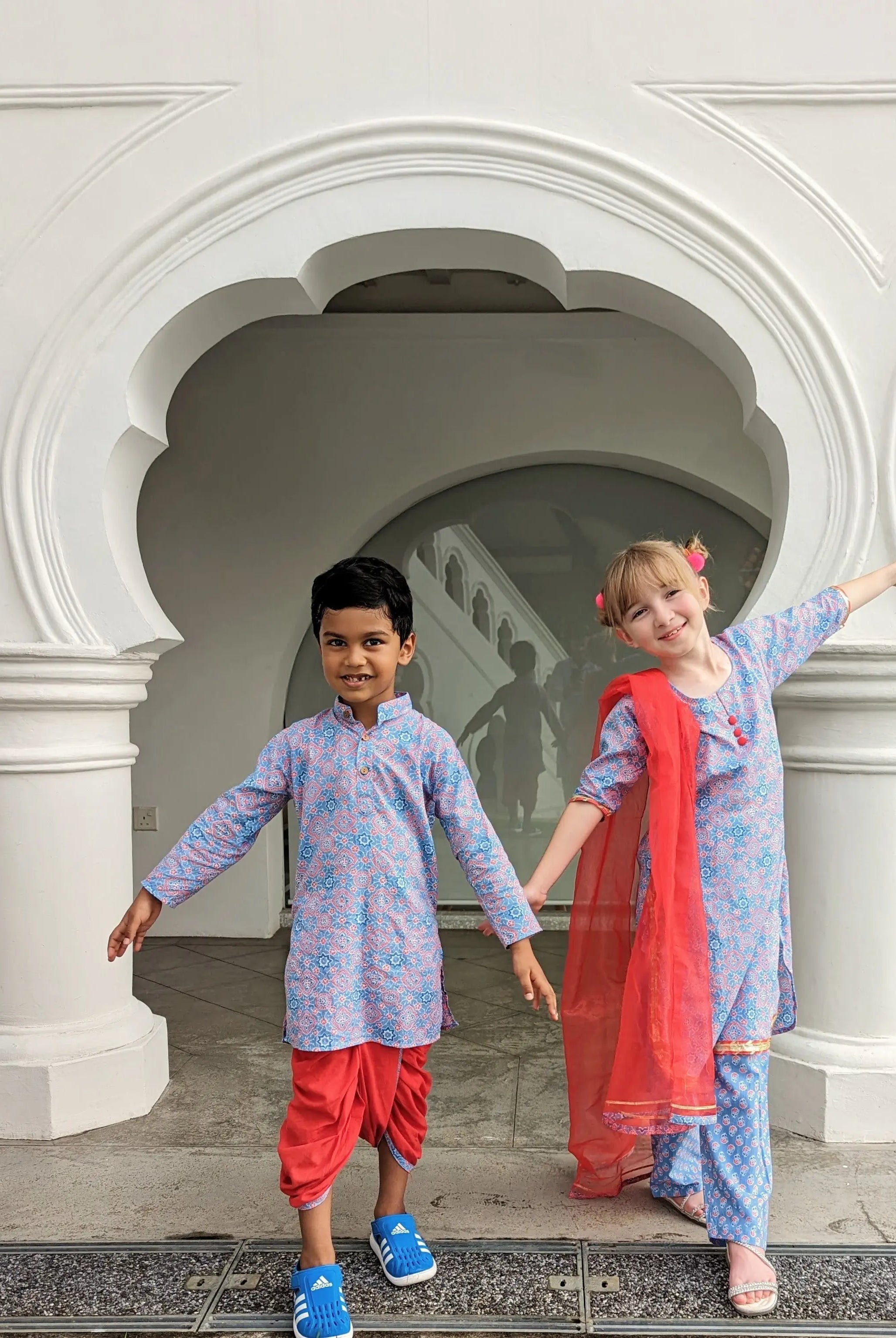 'Fida' Peranakan Inspired Girls Kurti with Pants Set in Blue & Red Nimbu SIngapore matching with boys kurta