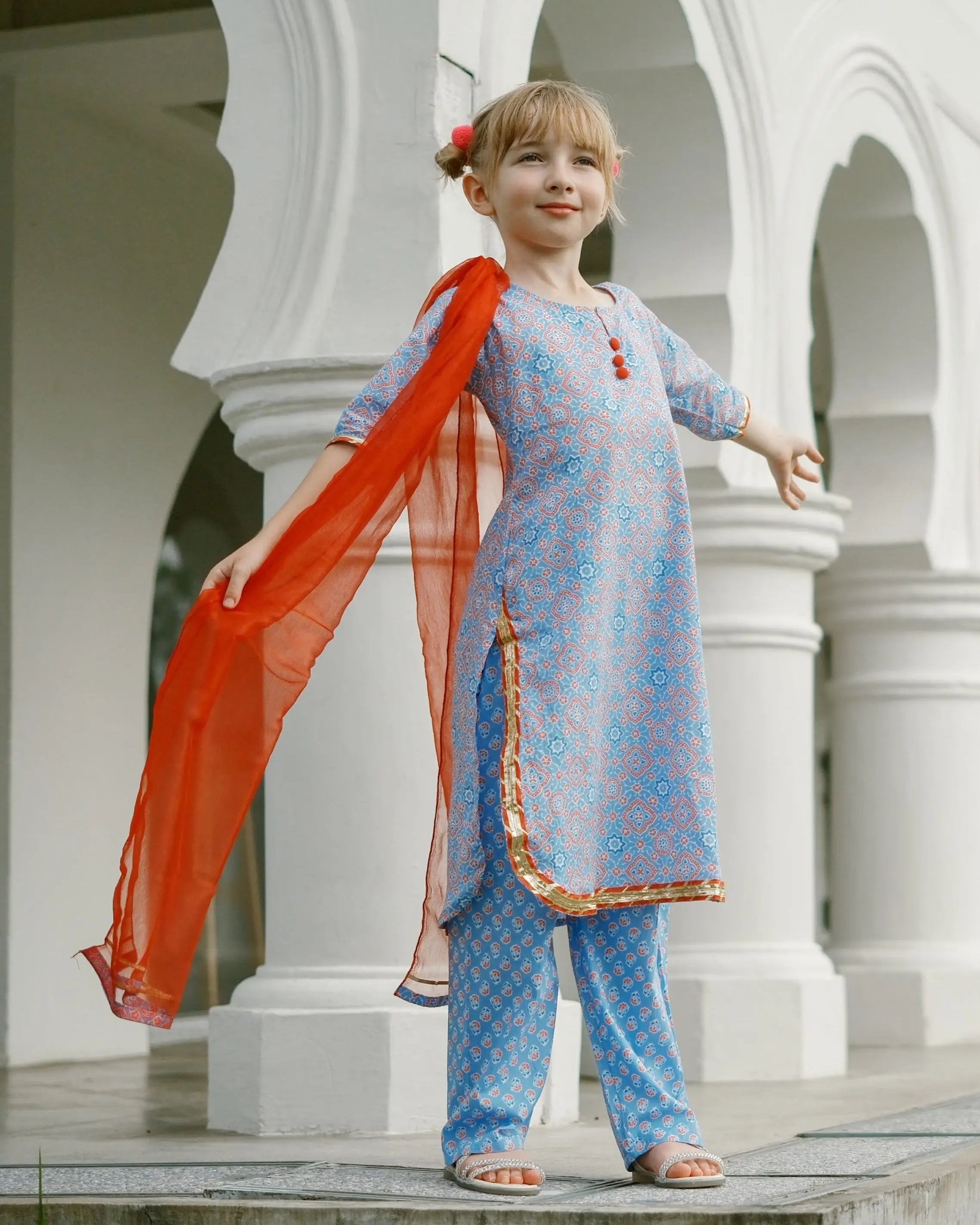 'Fida' Peranakan Inspired Girls Kurti with Pants Set in Blue & Red Nimbu Singapore
