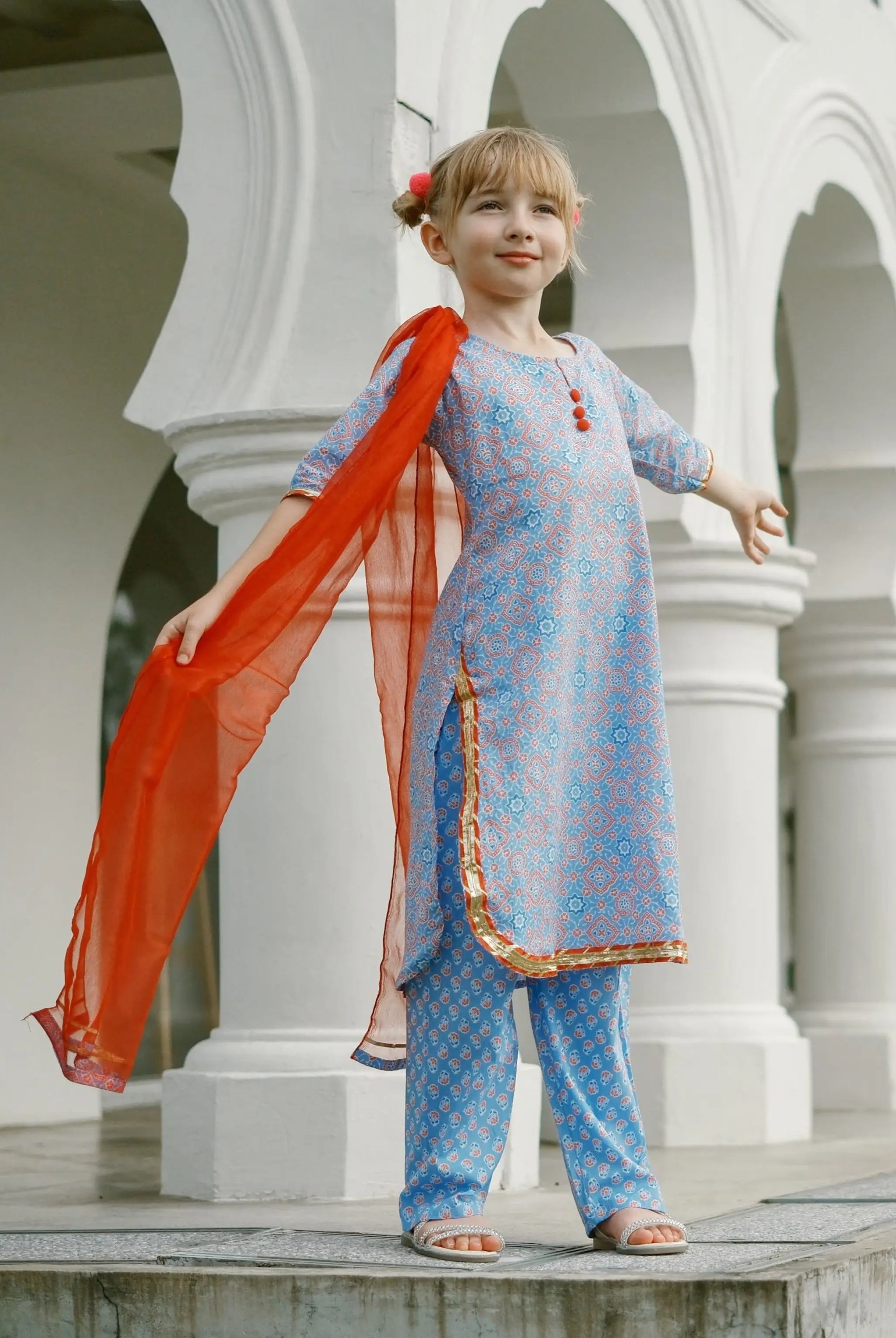 'Fida' Peranakan Inspired Girls Kurti with Pants Set in Blue & Red Nimbu Singapore