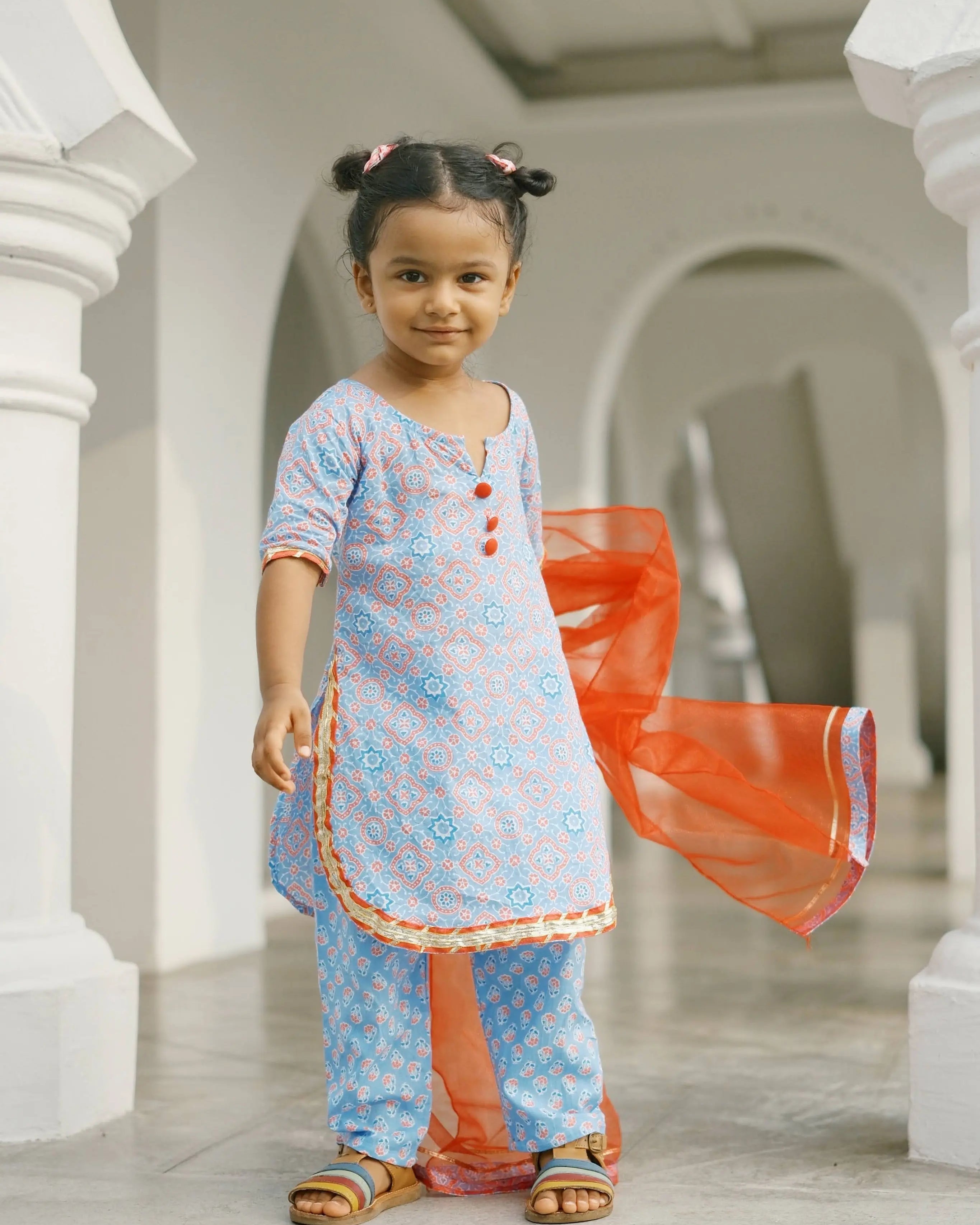 'Fida' Peranakan Inspired Girls Kurti with Pants Set in Blue & Red Nimbu SIngapore