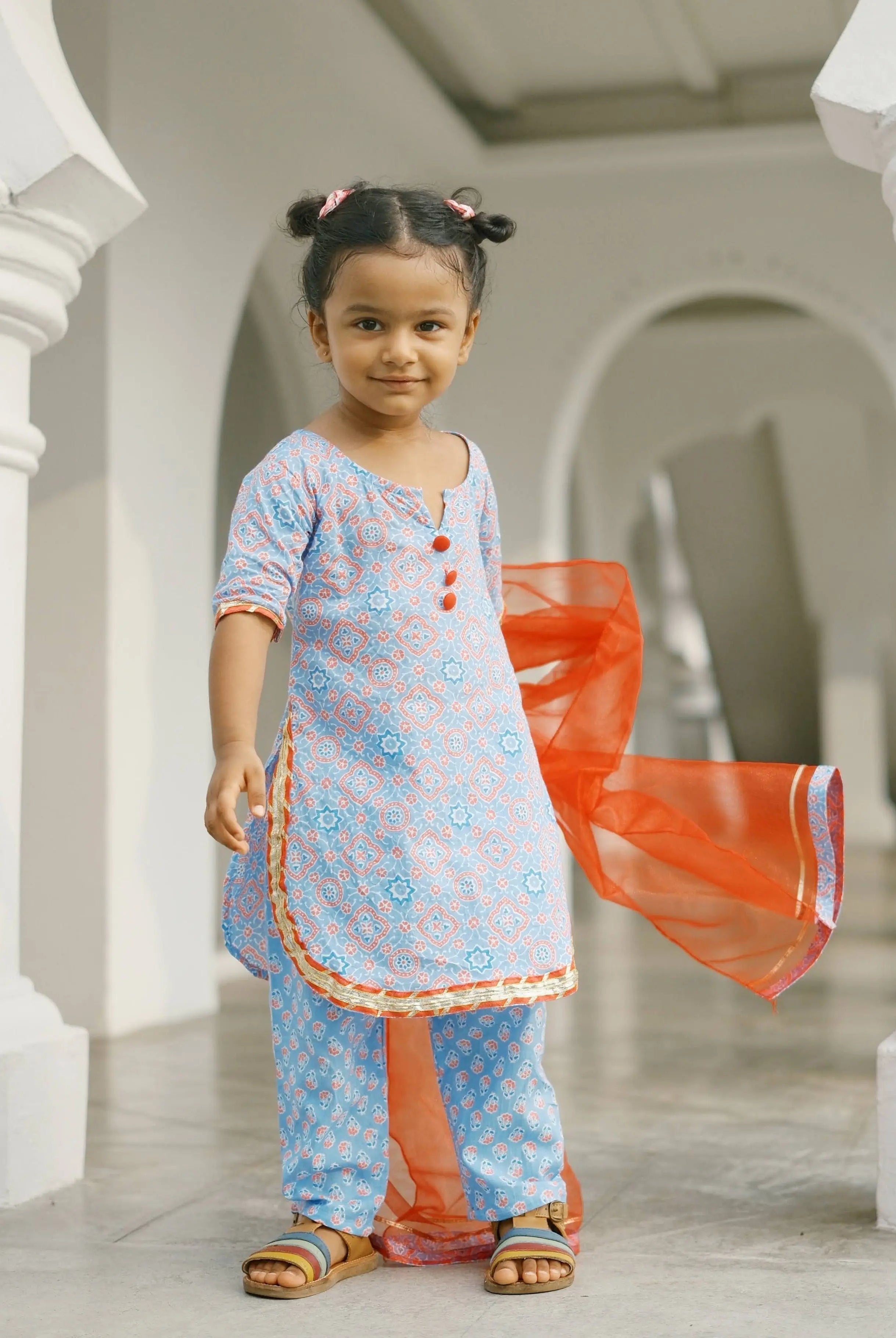 'Fida' Peranakan Inspired Girls Kurti with Pants Set in Blue & Red Nimbu SIngapore