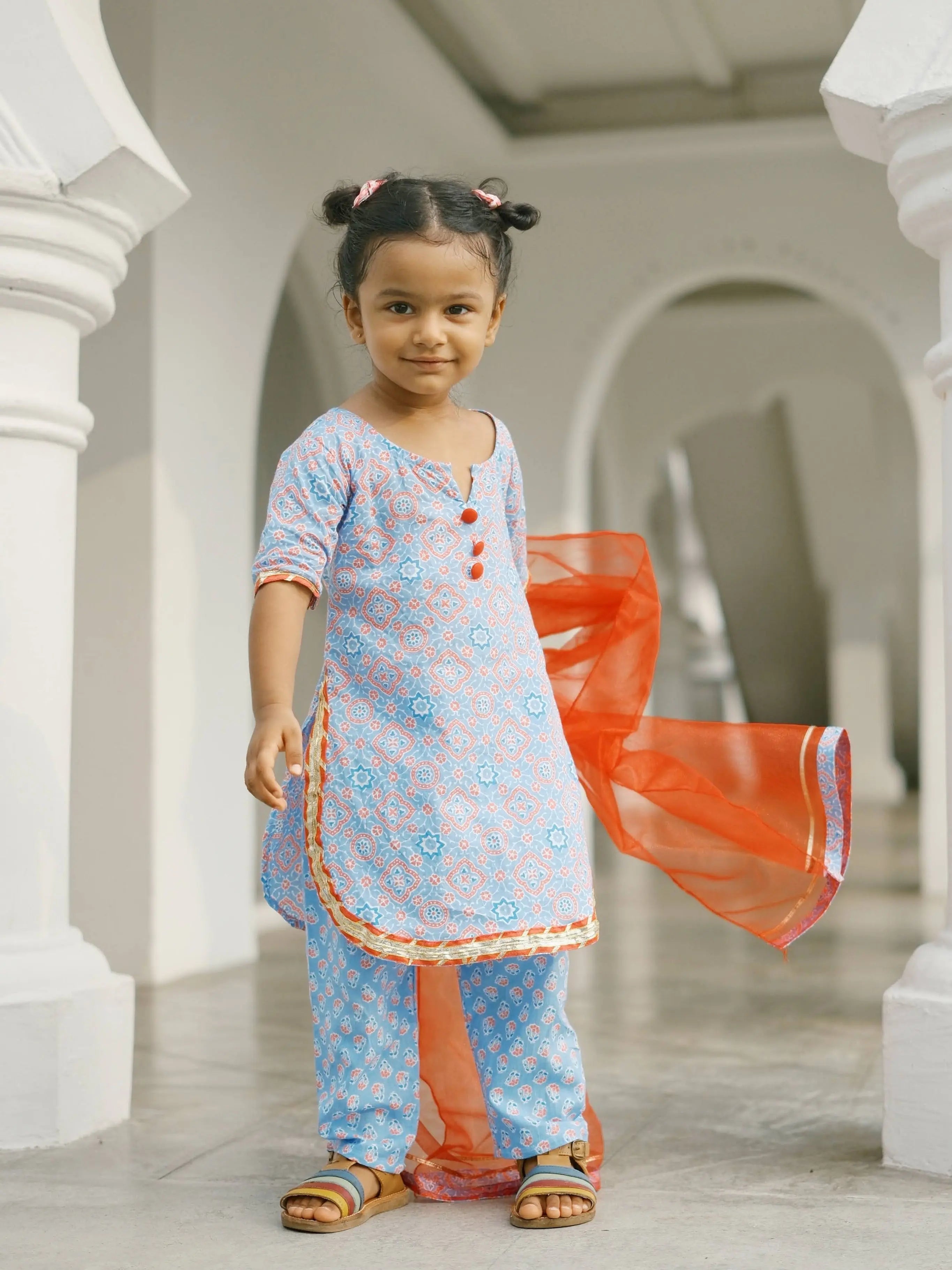 'Fida' Peranakan Inspired Girls Kurti with Pants Set in Blue & Red Nimbu SIngapore