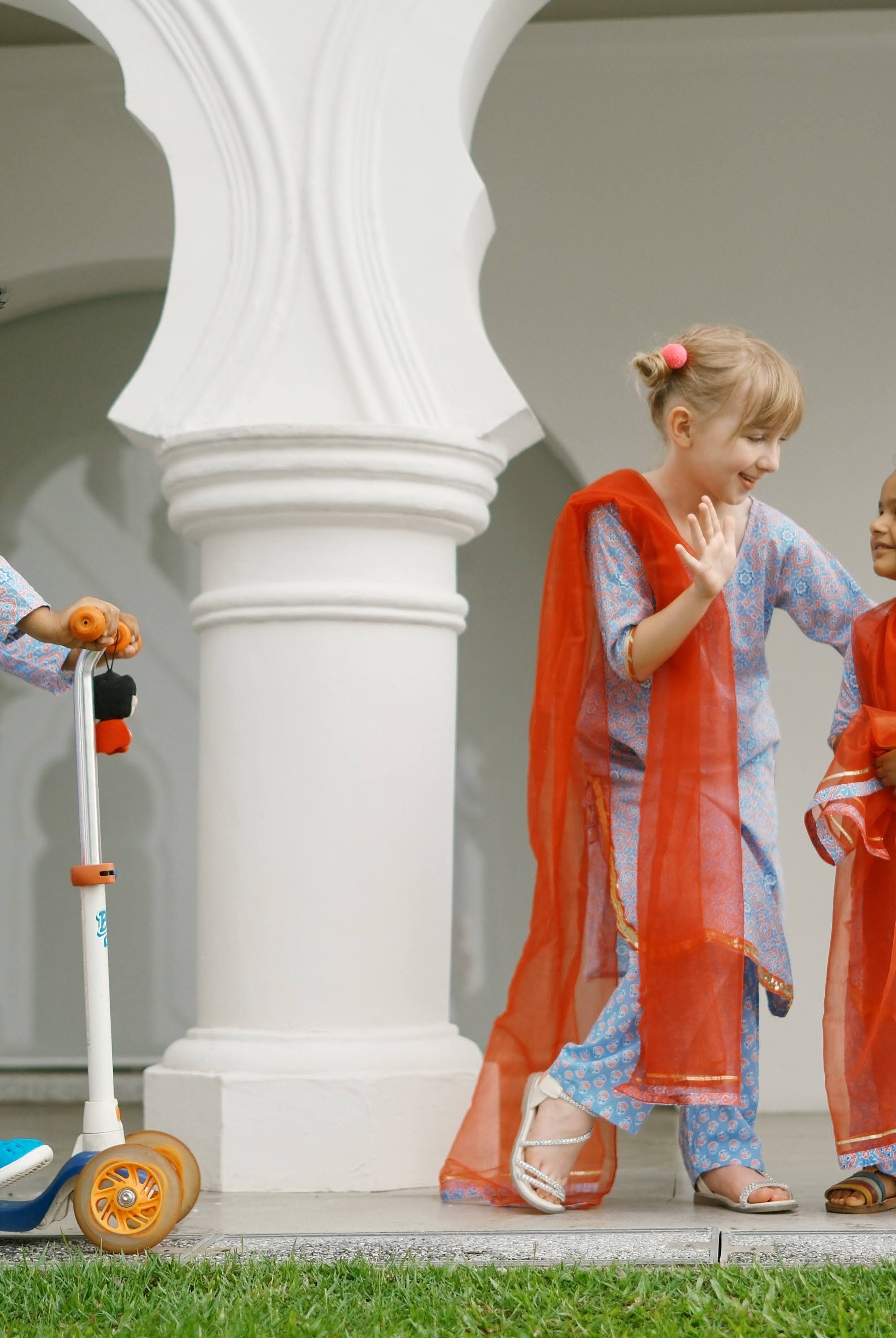 'Fida' Peranakan Inspired Girls Kurti with Pants Set in Blue & Red Nimbu SIngapore matching with boys kurta