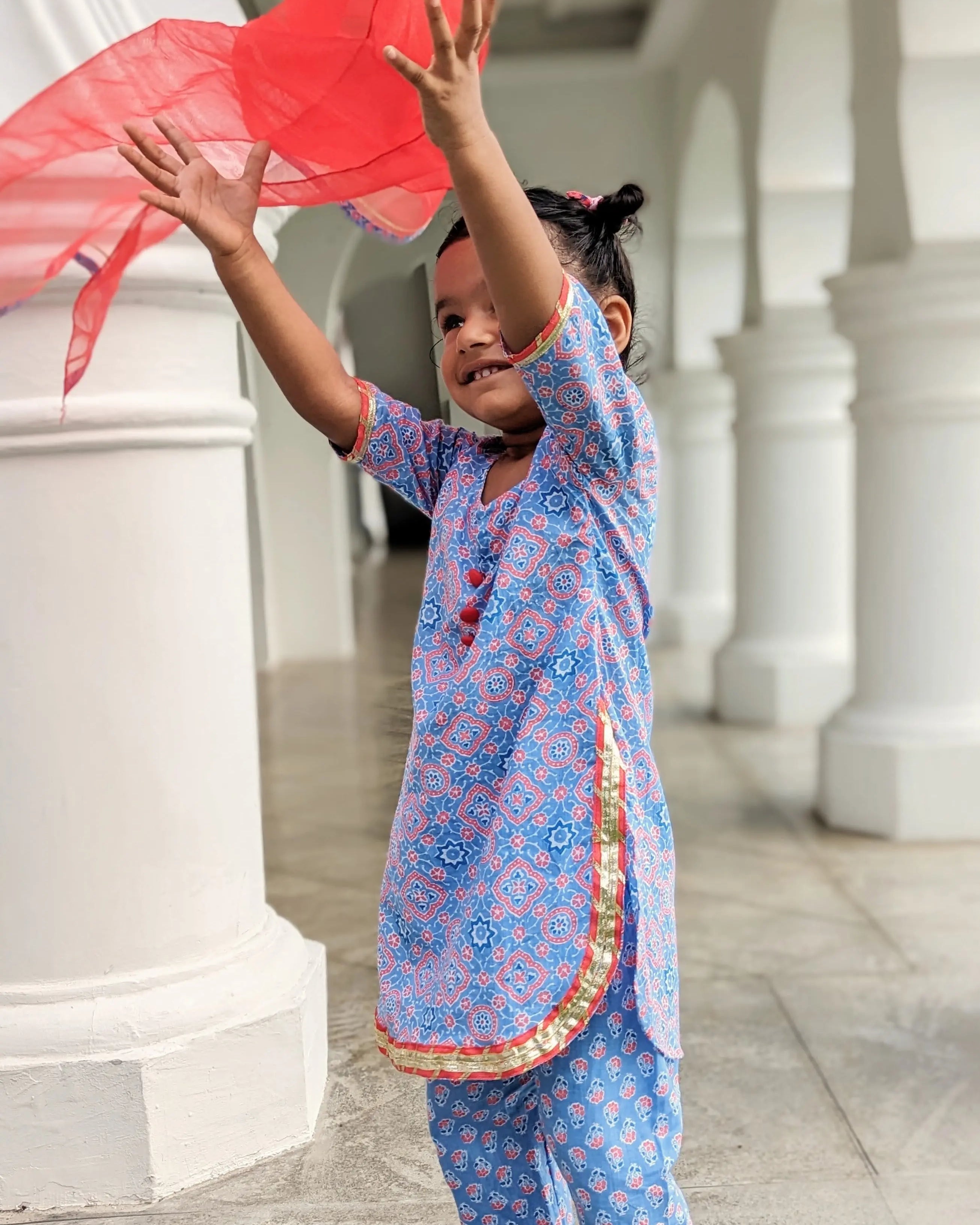 'Fida' Peranakan Inspired Girls Kurti with Pants Set in Blue & Red Nimbu SIngapore
