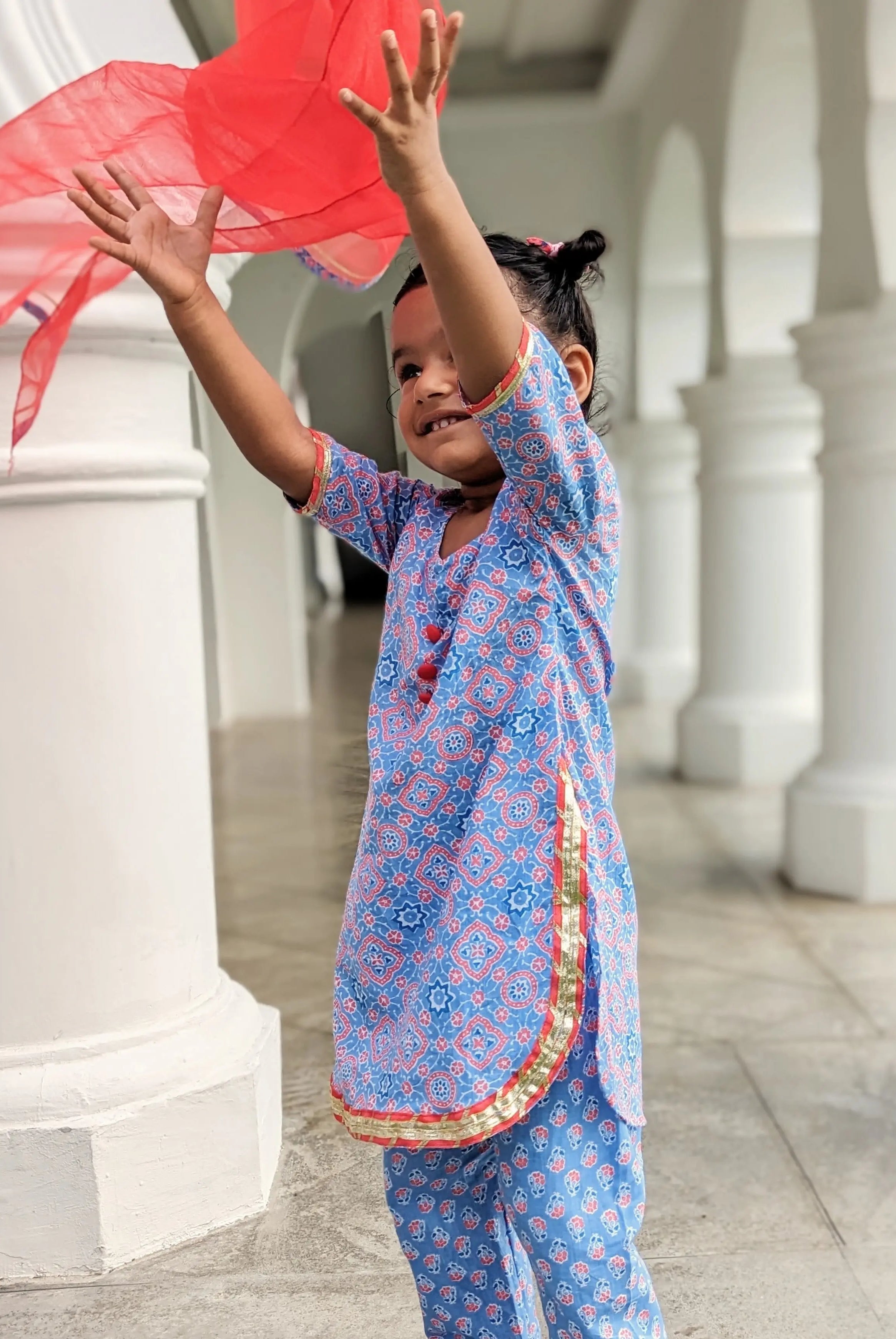 'Fida' Peranakan Inspired Girls Kurti with Pants Set in Blue & Red Nimbu SIngapore