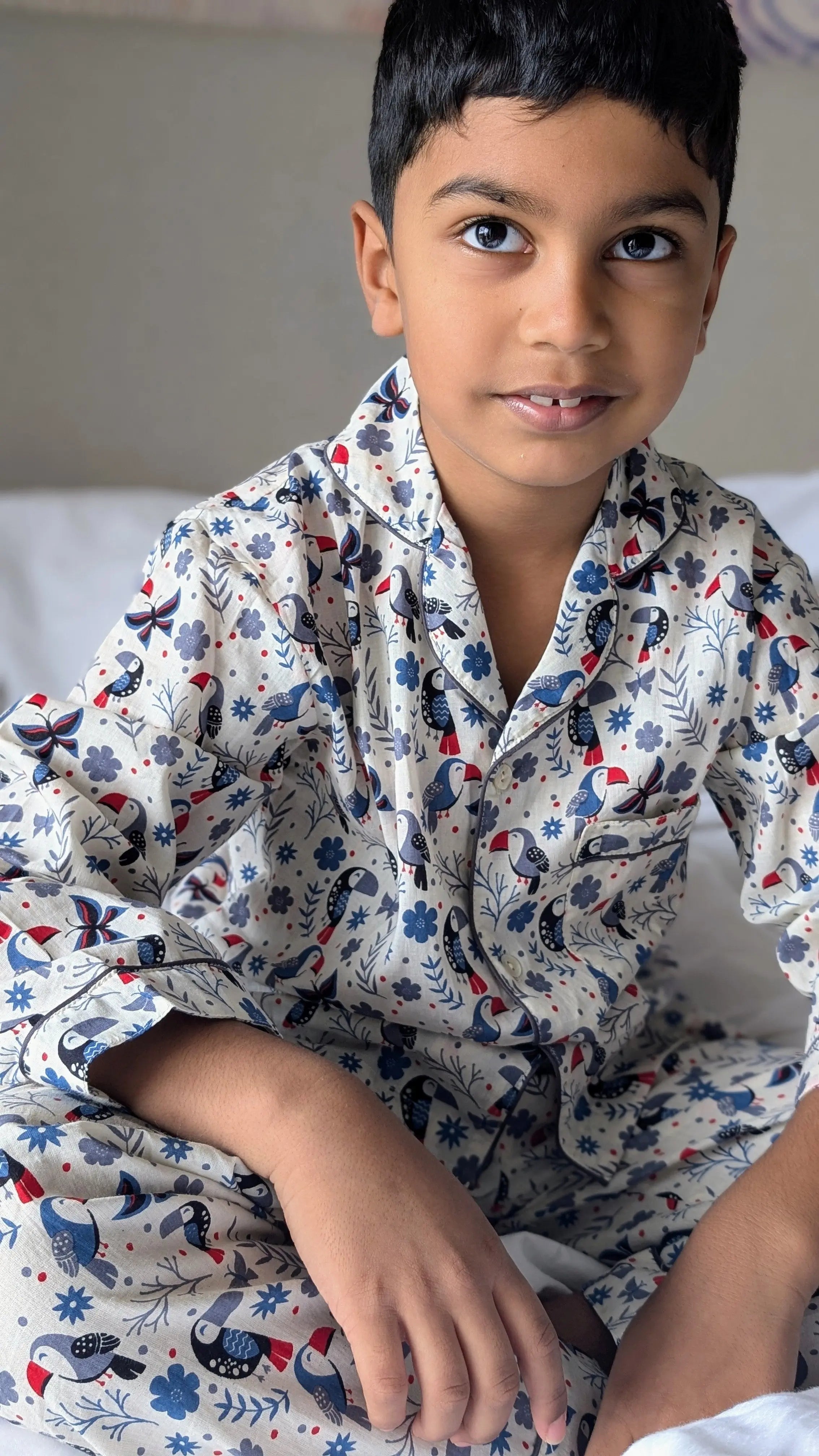 Holiday Hornbill Cotton PJ set in Blue Sleepwear for kids Nimbu Kids