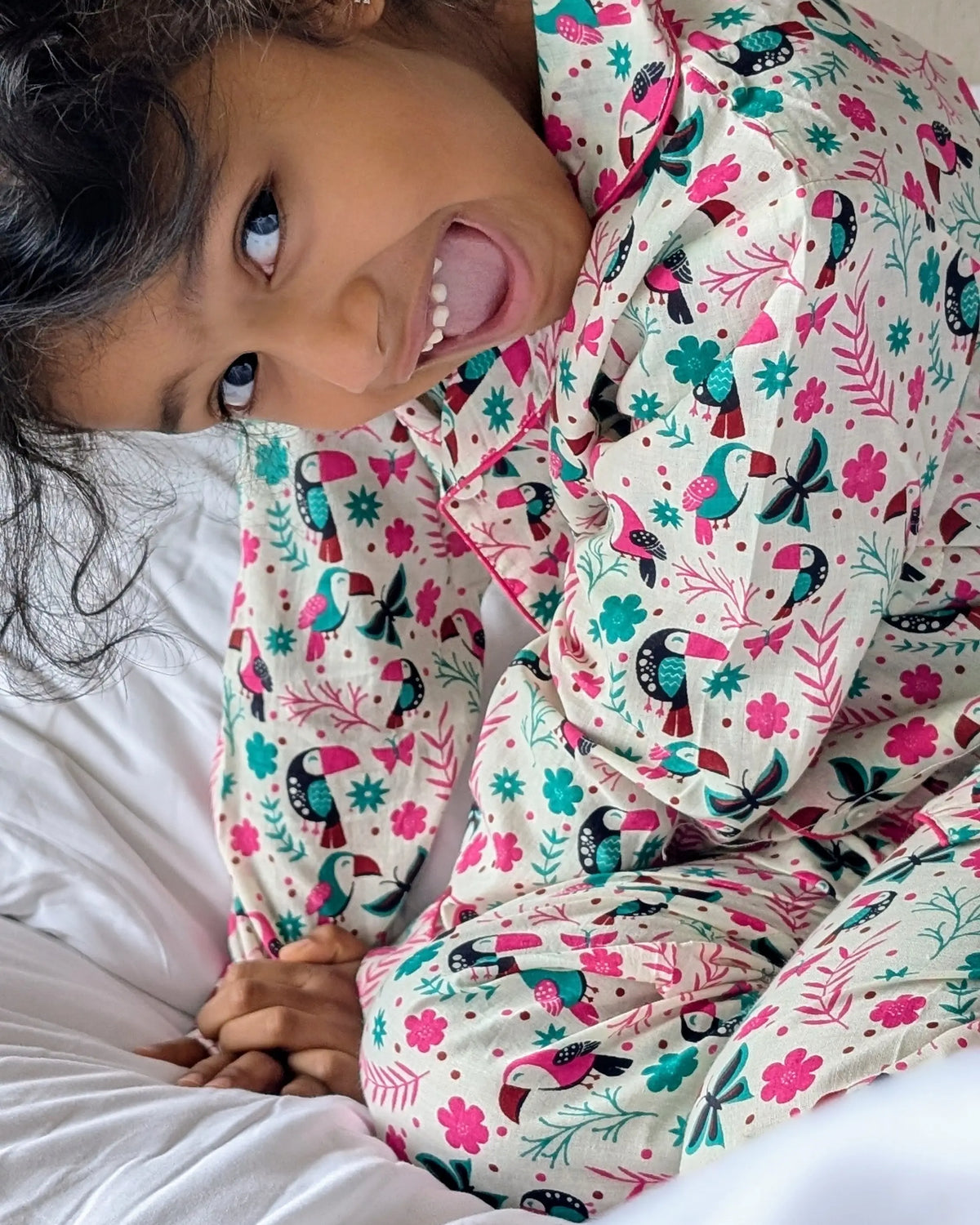 Holiday Hornbill Cotton PJ set in Pink Sleepwear for kids Nimbu Kids
