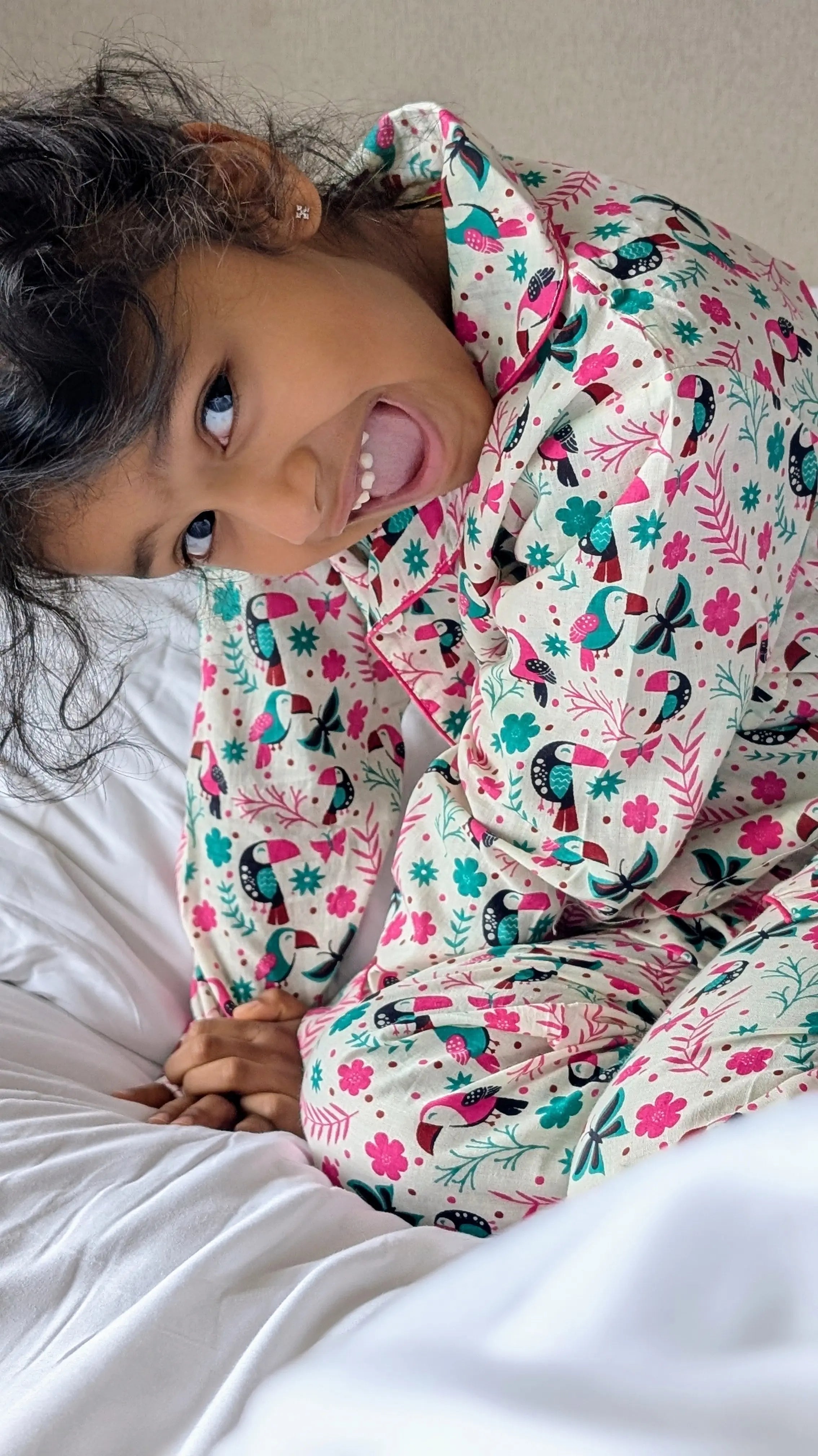 Holiday Hornbill Cotton PJ set in Pink Sleepwear for kids Nimbu Kids