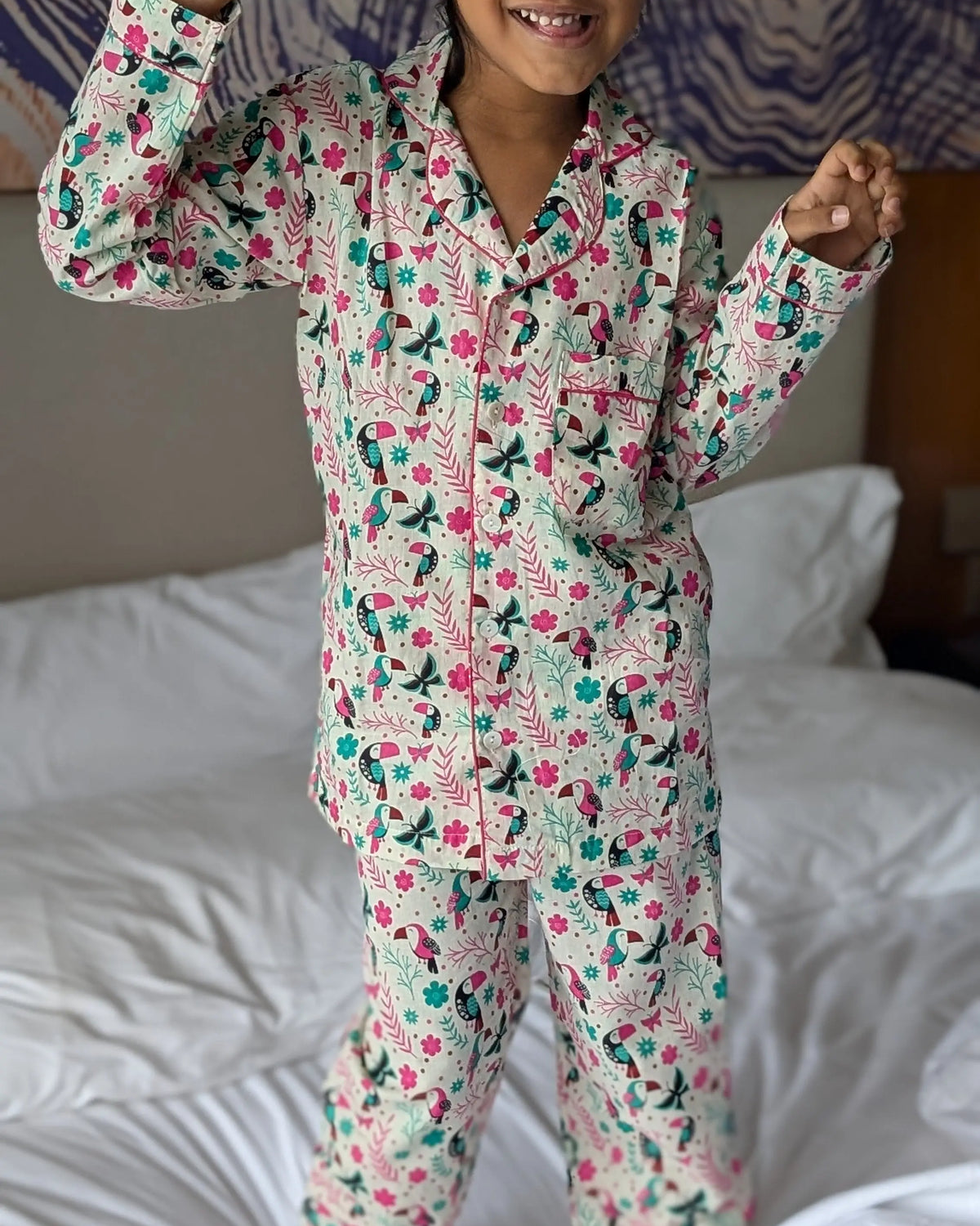 Holiday Hornbill Cotton PJ set in Pink Sleepwear for kids Nimbu Kids