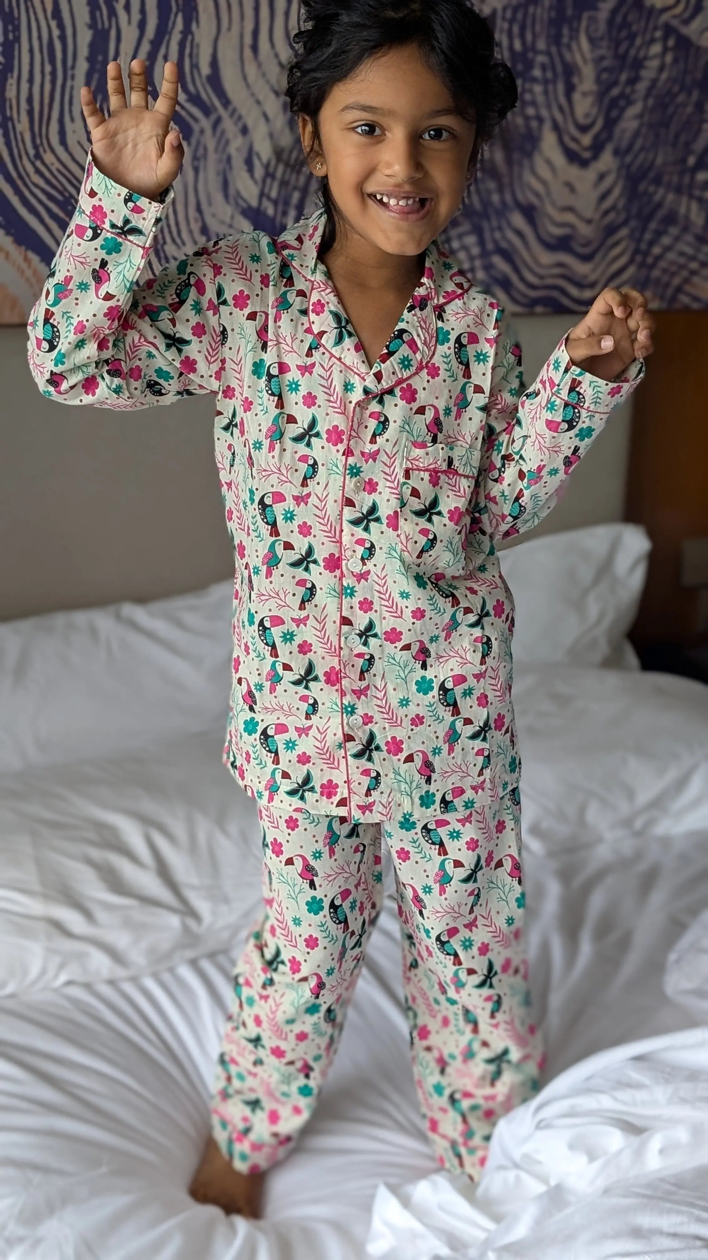 Holiday Hornbill Cotton PJ set in Pink Sleepwear for kids Nimbu Kids