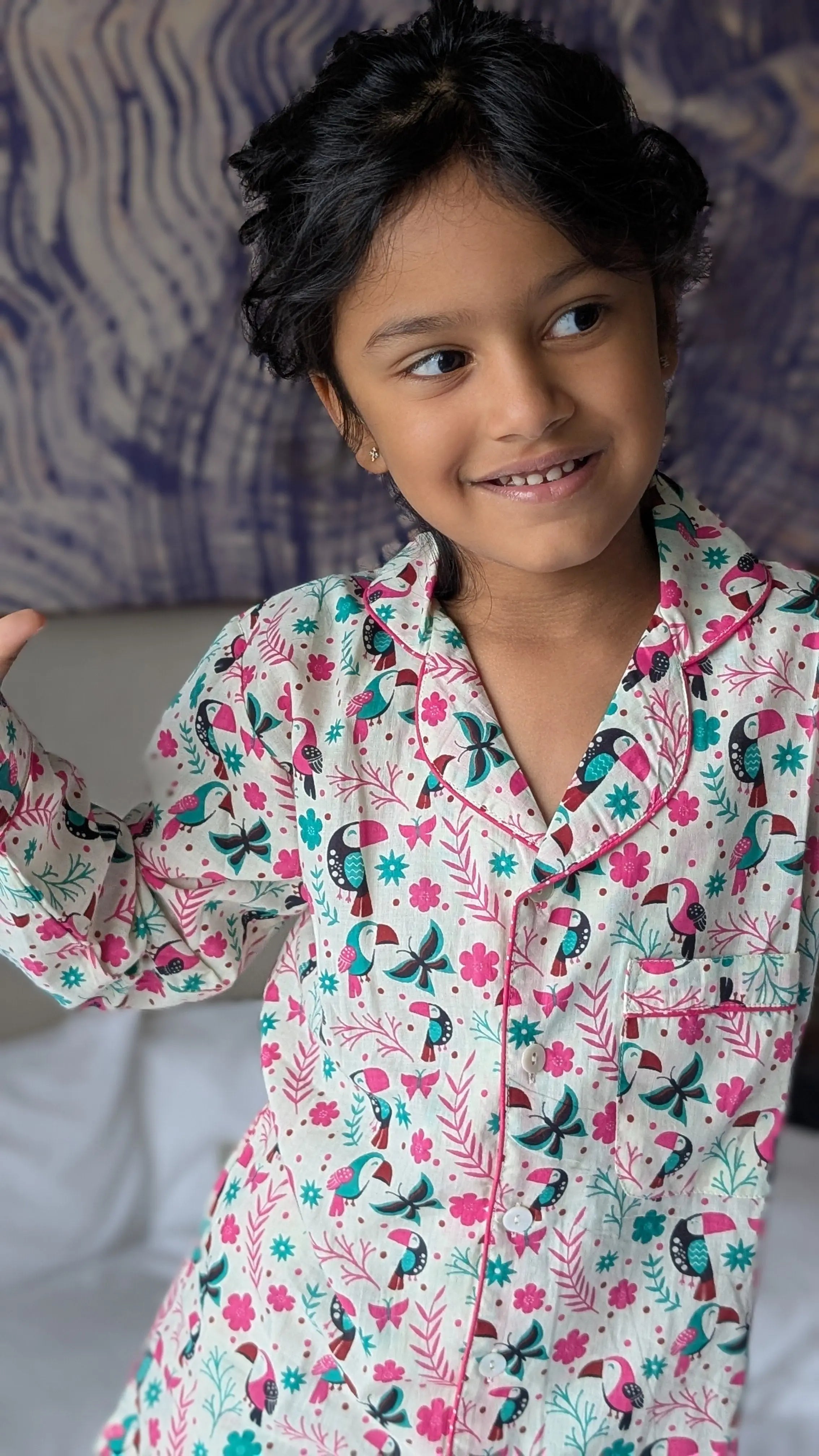 Holiday Hornbill Cotton PJ set in Pink Sleepwear for kids Nimbu Kids