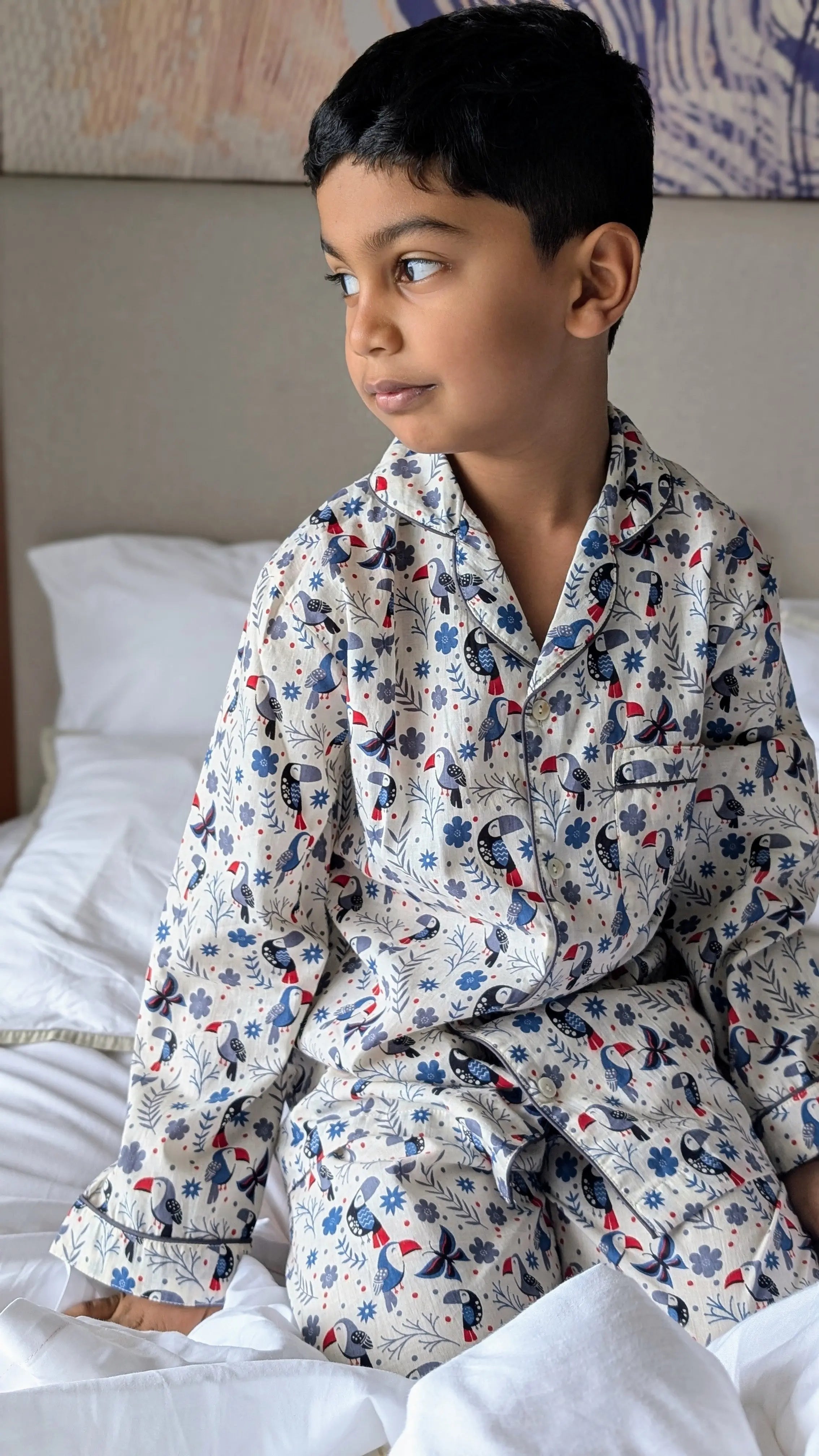Holiday Hornbill Cotton PJ set in Blue Sleepwear for kids Nimbu Kids