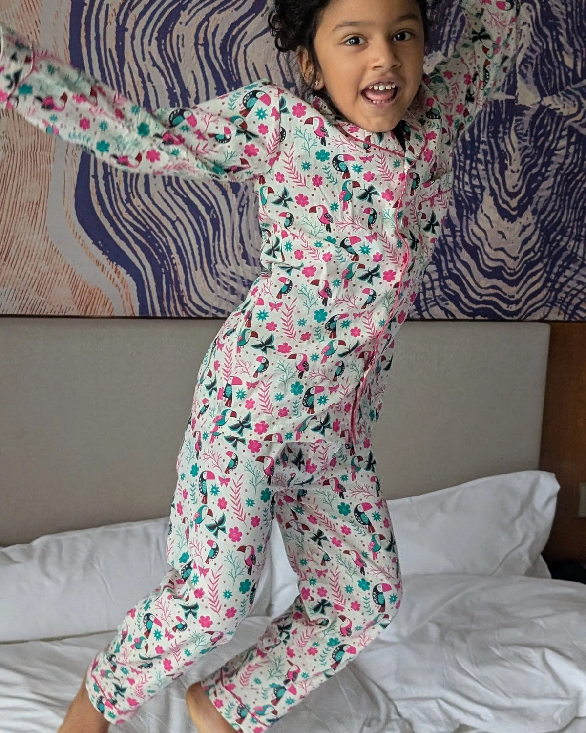 Holiday Hornbill Cotton PJ set in Pink Sleepwear for kids Nimbu Kids