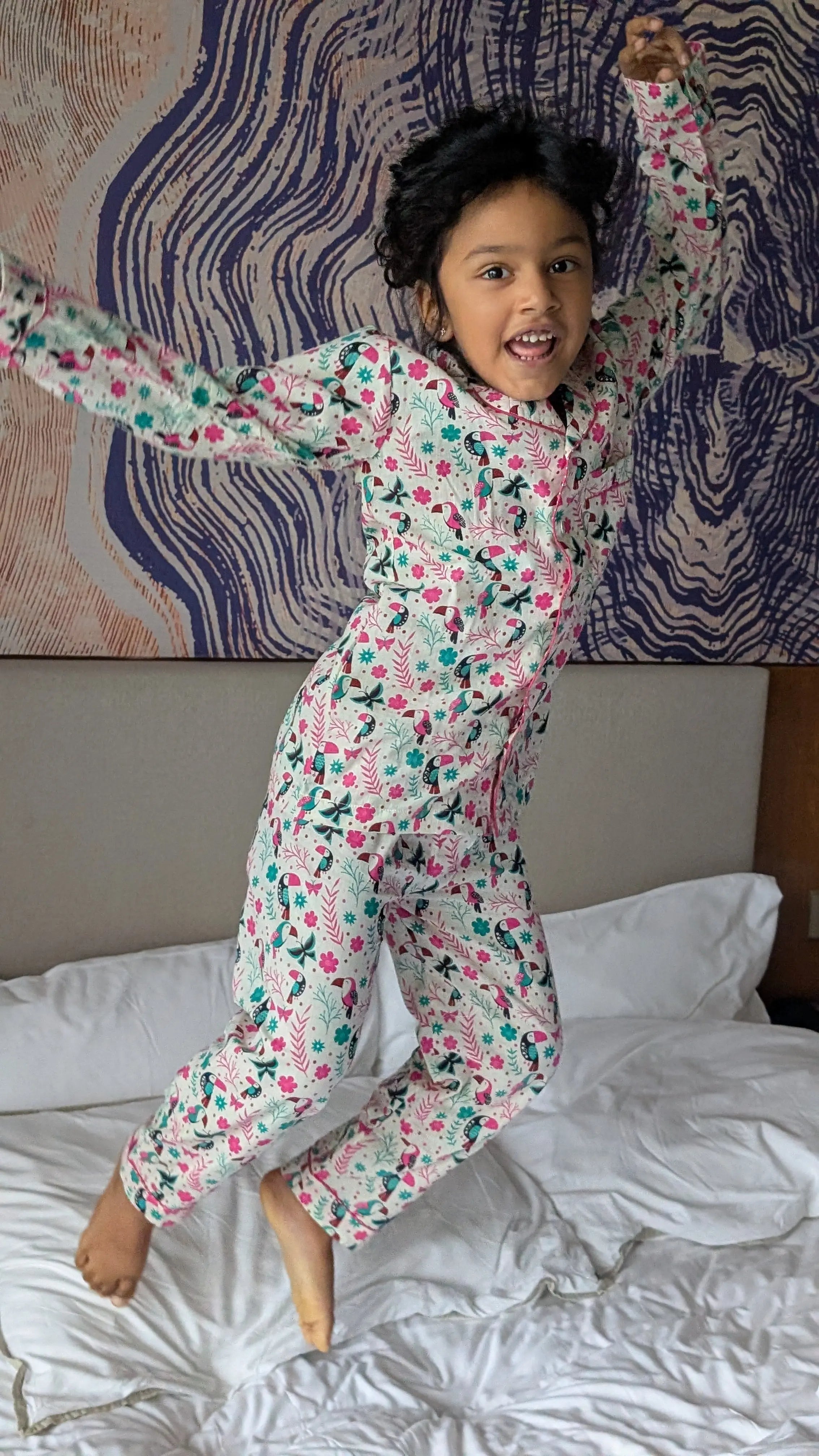 Holiday Hornbill Cotton PJ set in Pink Sleepwear for kids Nimbu Kids