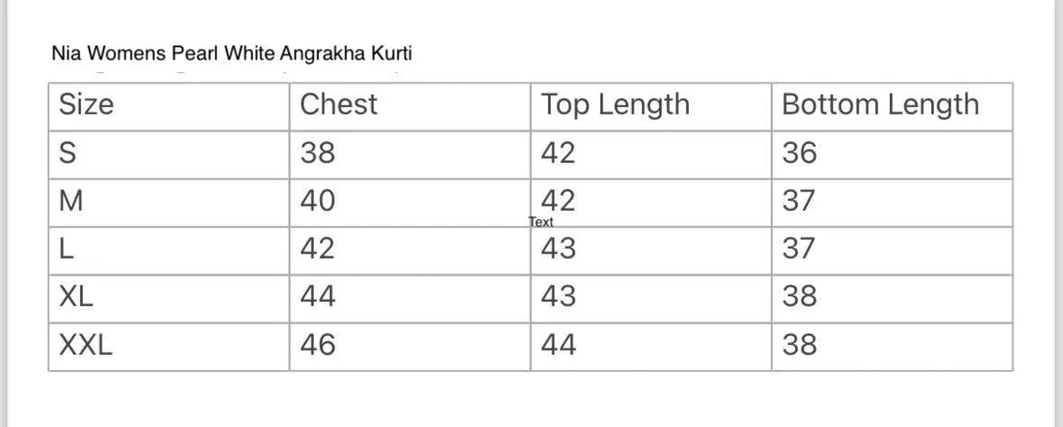 Nia Womens Pearl White Floral Angarkha Kurti & Salwar with Dupatta set in Muslin Cotton size chart