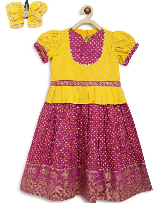 North meets South Bandhani Cotton Pavadai in Yellow & Purple - Nimbu Kids