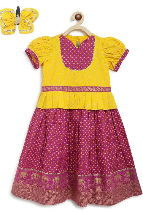 North meets South Bandhani Cotton Pavadai in Yellow & Purple - Nimbu Kids
