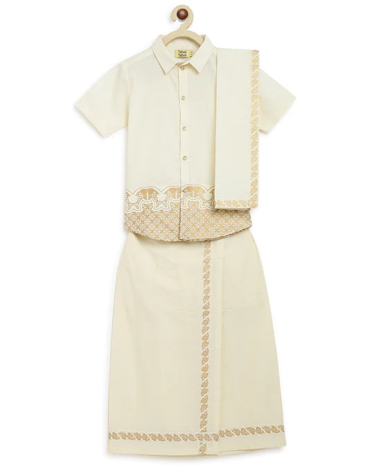 Rajnikant 3pc Cotton Mundu Set in Cream - Nimbu Kids