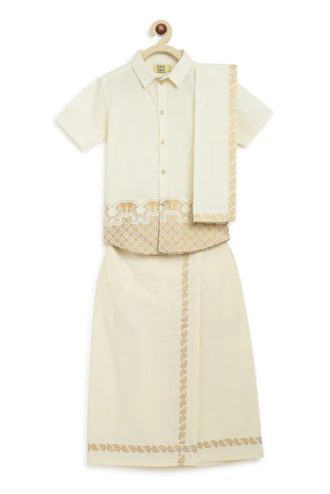 Rajnikant 3pc Cotton Mundu Set in Cream - Nimbu Kids