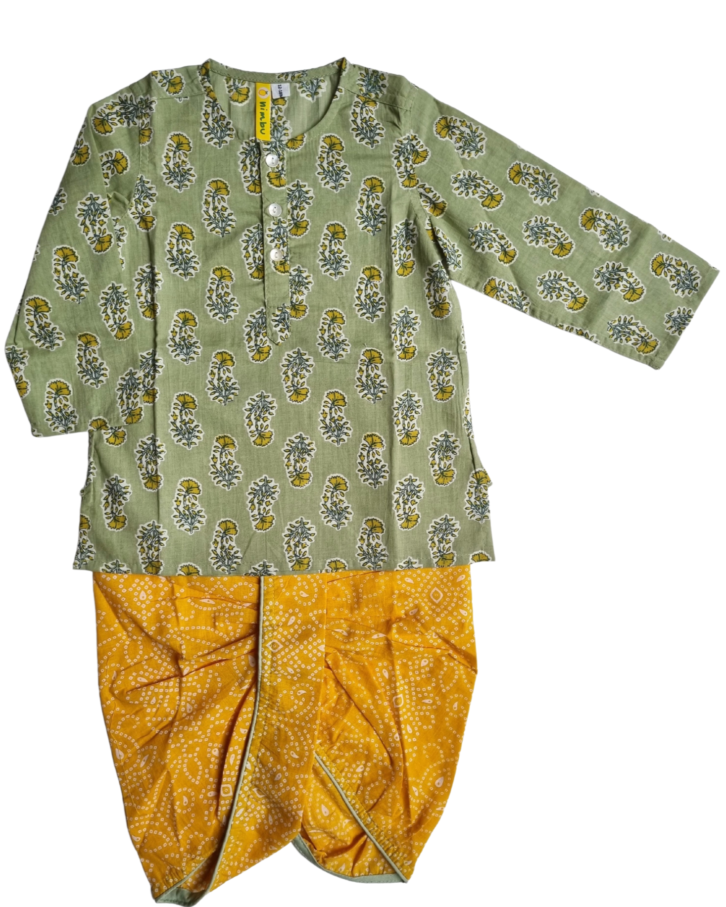 Sage Green & Mustard Floral Paisley Print Cotton Kurta with Dhoti pants - Nimbu Kids