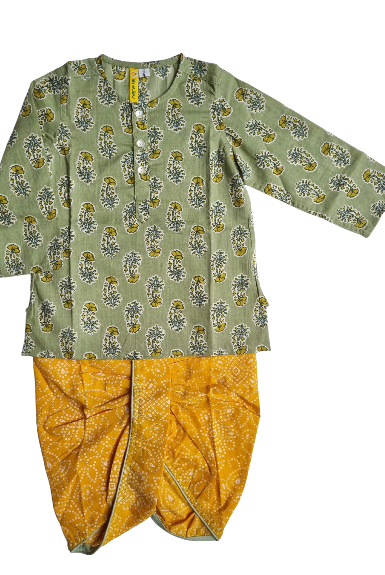 Sage Green & Mustard Floral Paisley Print Cotton Kurta with Dhoti pants - Nimbu Kids