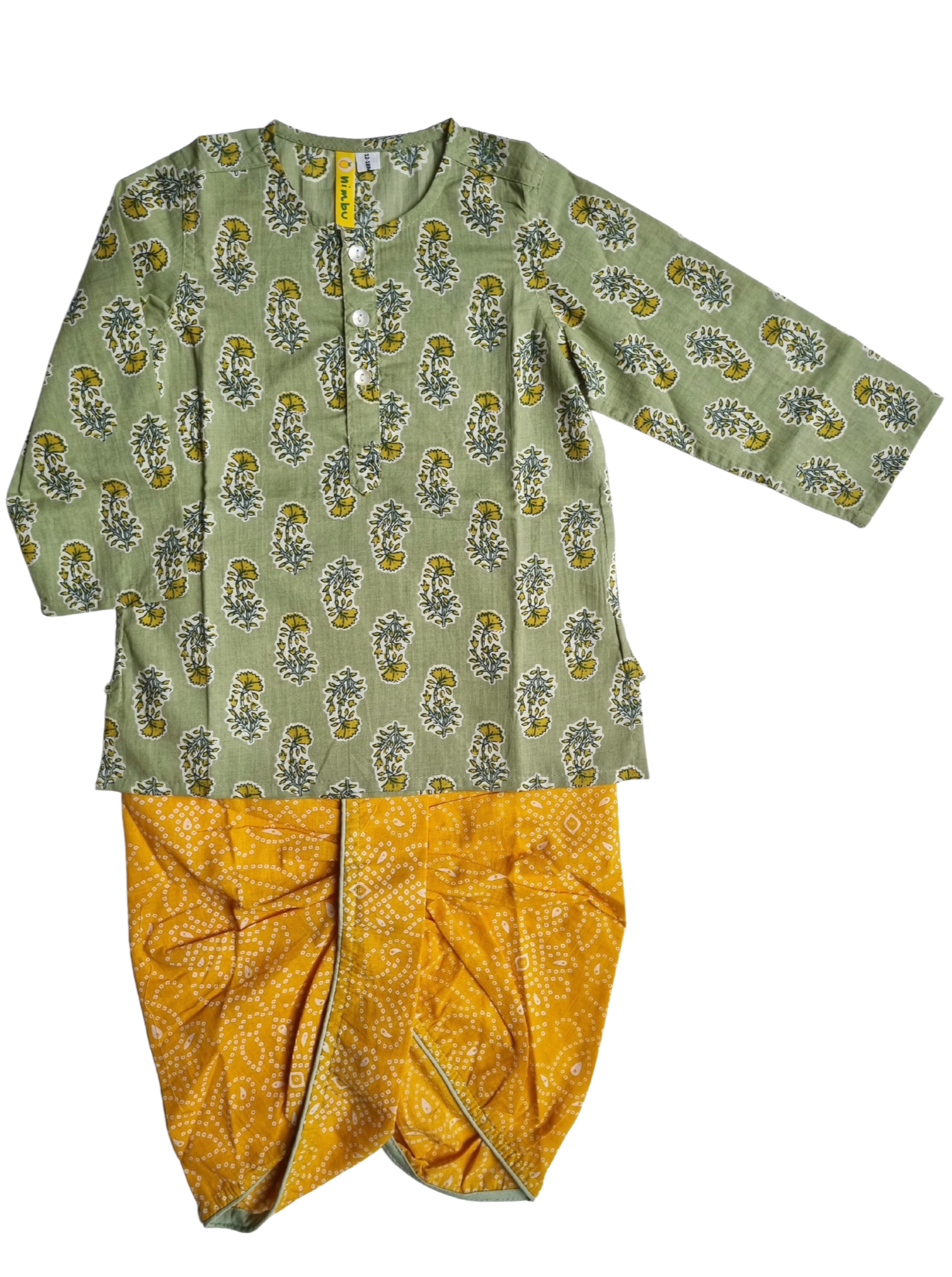 Sage Green & Mustard Floral Paisley Print Cotton Kurta with Dhoti pants - Nimbu Kids