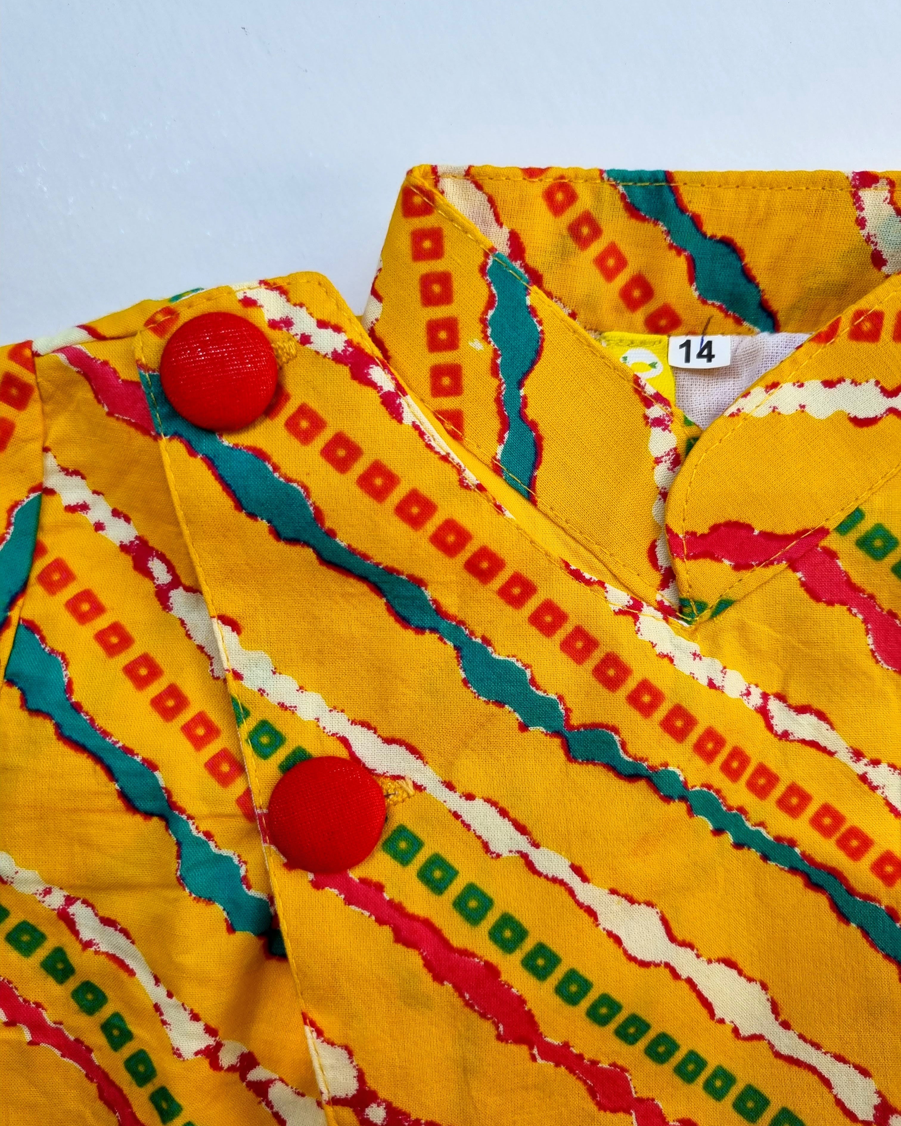 Jodhpuri Leheriya Jacket with Dhoti Pants in Yellow & Red - Nimbu Kids