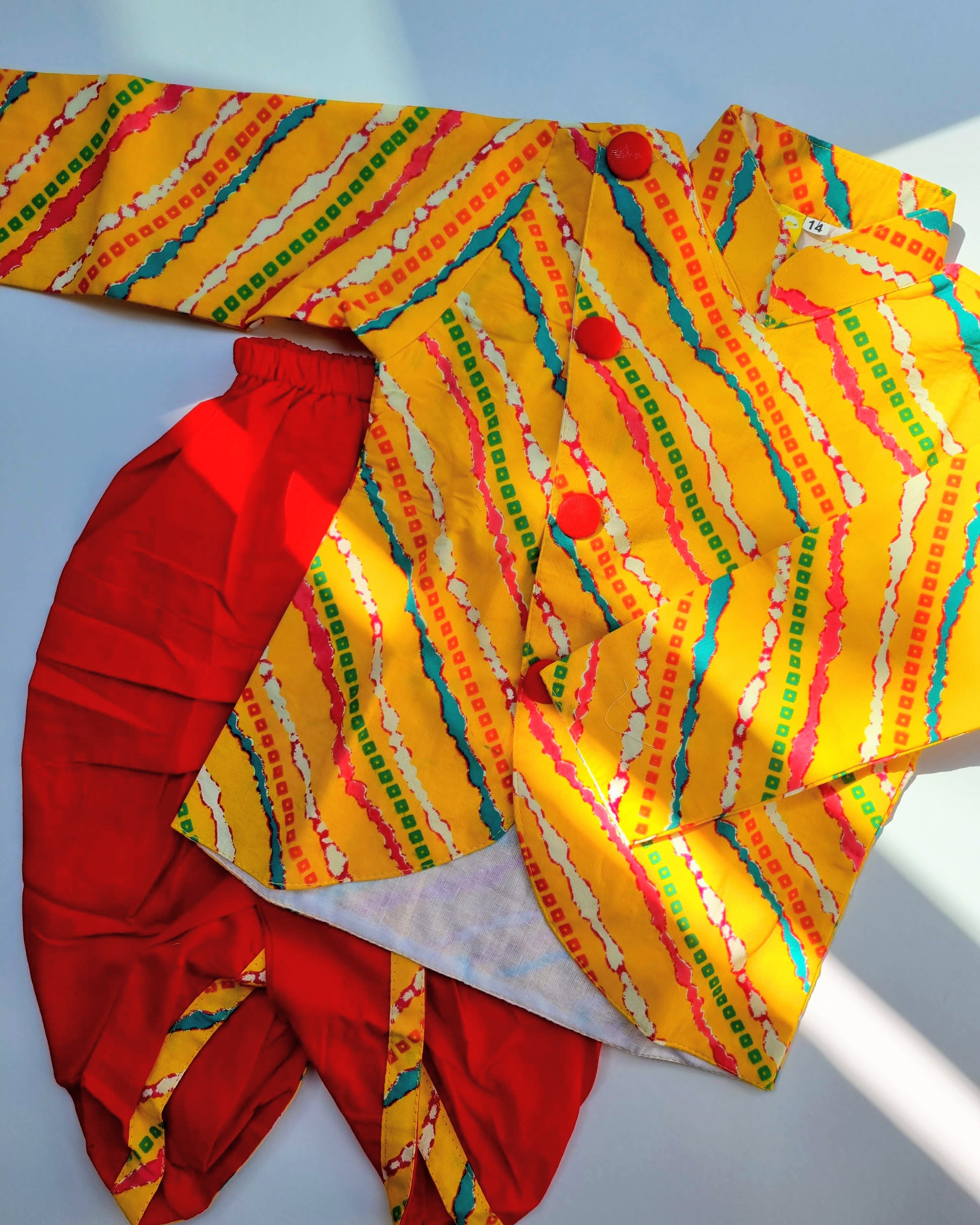 Jodhpuri Leheriya Jacket with Dhoti Pants in Yellow & Red - Nimbu Kids