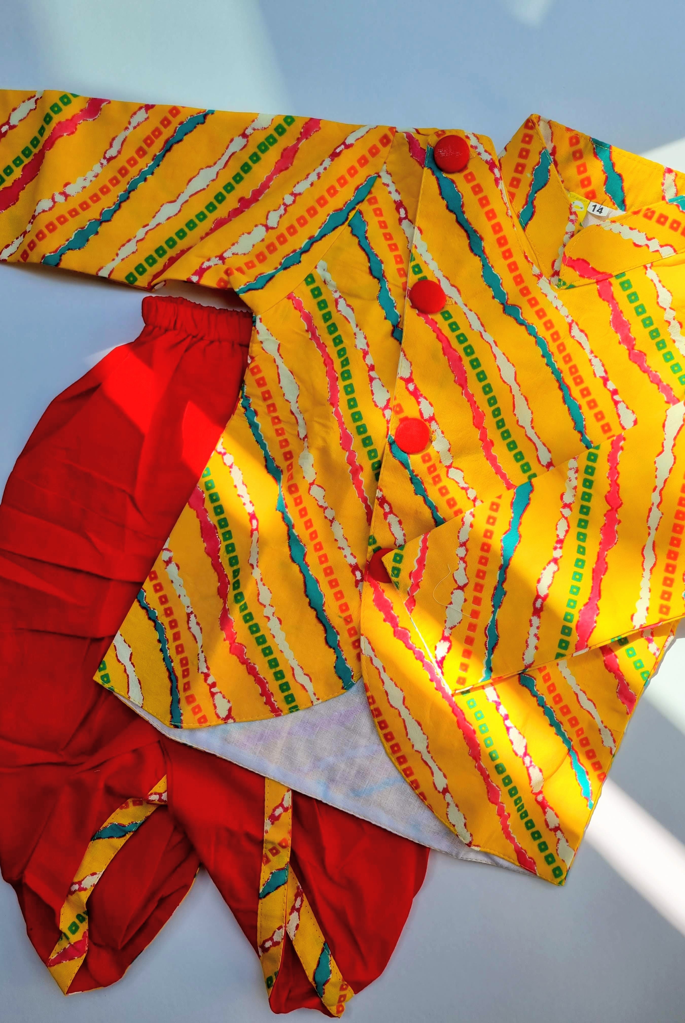 Jodhpuri Leheriya Jacket with Dhoti Pants in Yellow & Red - Nimbu Kids