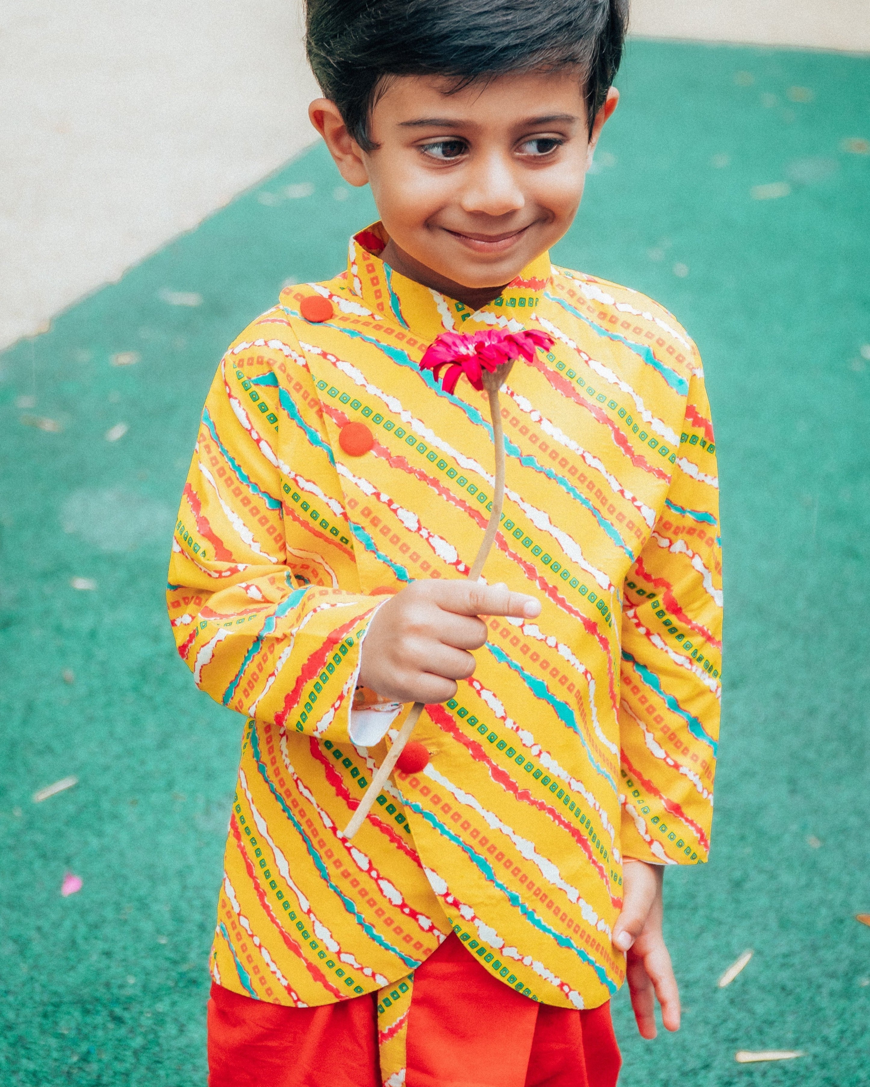 Jodhpuri Leheriya Jacket with Dhoti Pants in Yellow & Red - Nimbu Kids