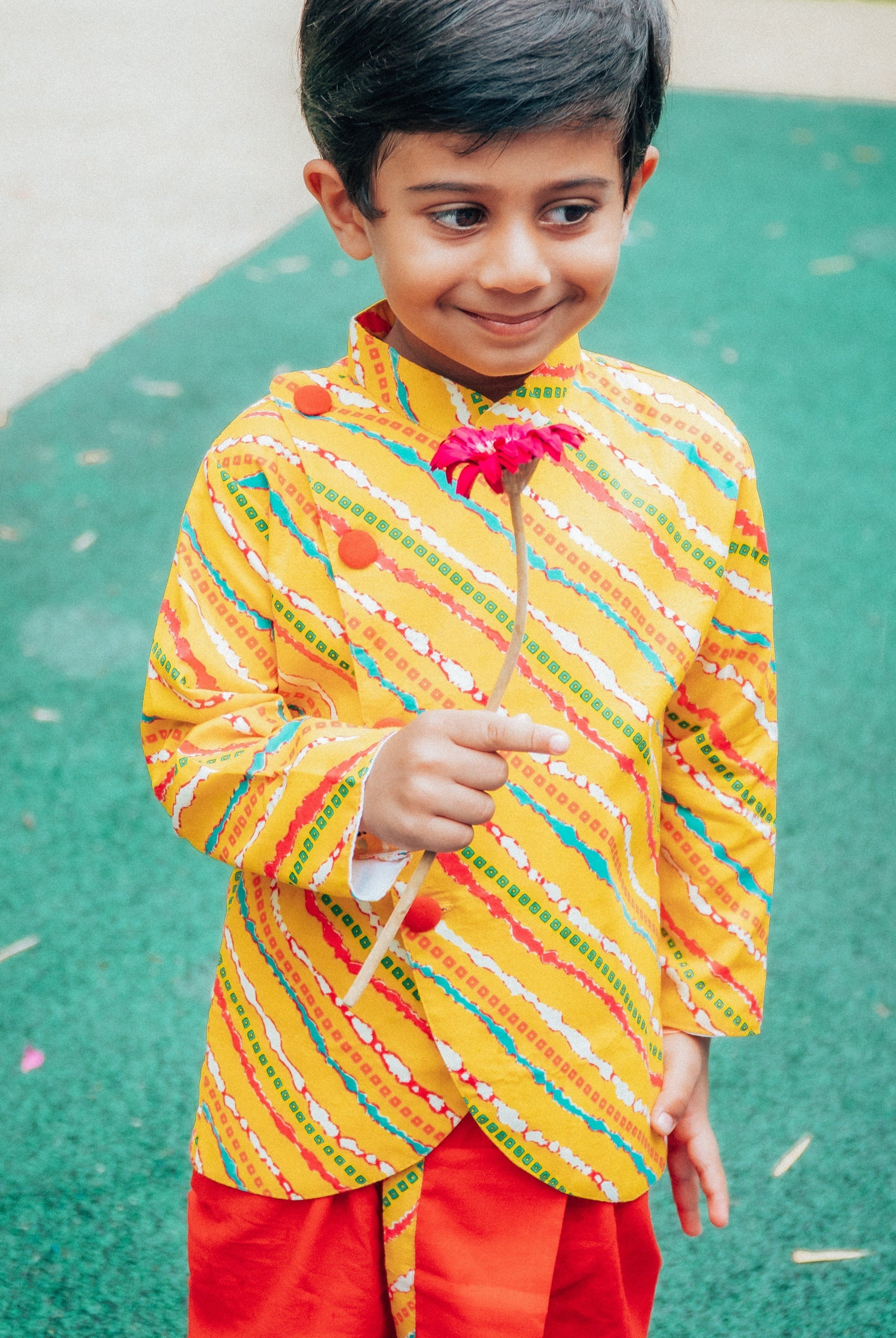 Jodhpuri Leheriya Jacket with Dhoti Pants in Yellow & Red - Nimbu Kids