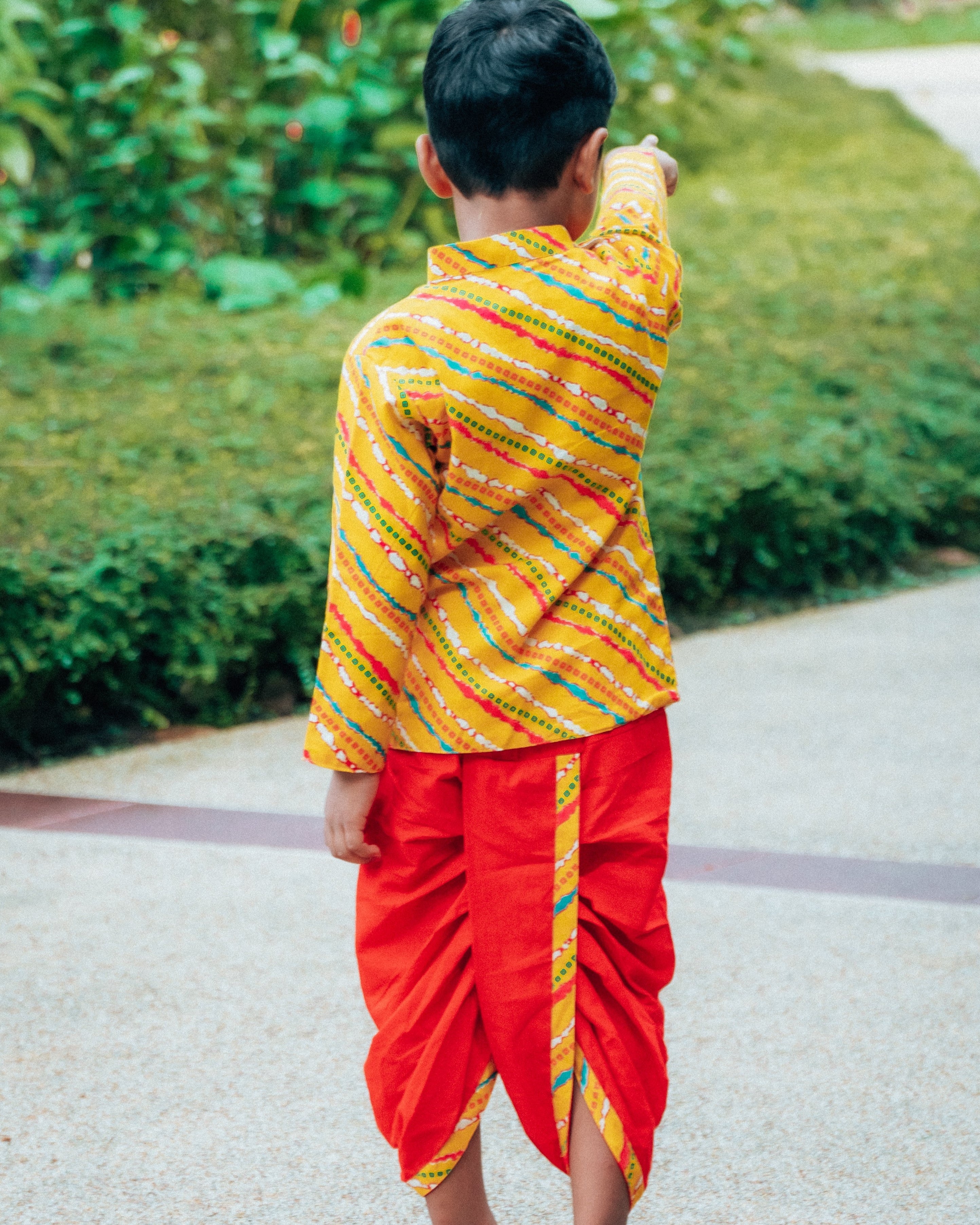 Jodhpuri Leheriya Jacket with Dhoti Pants in Yellow & Red - Nimbu Kids