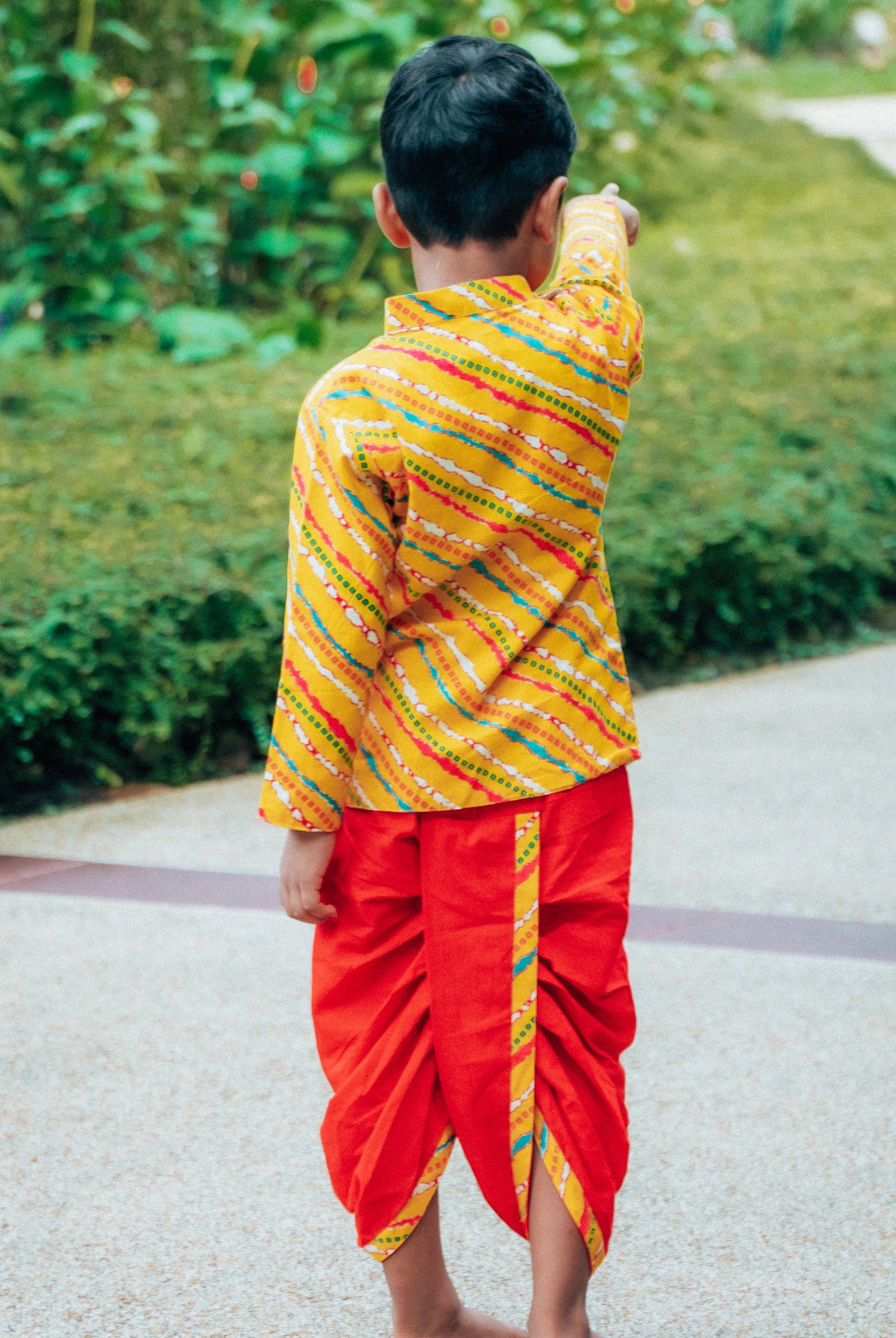 Jodhpuri Leheriya Jacket with Dhoti Pants in Yellow & Red - Nimbu Kids