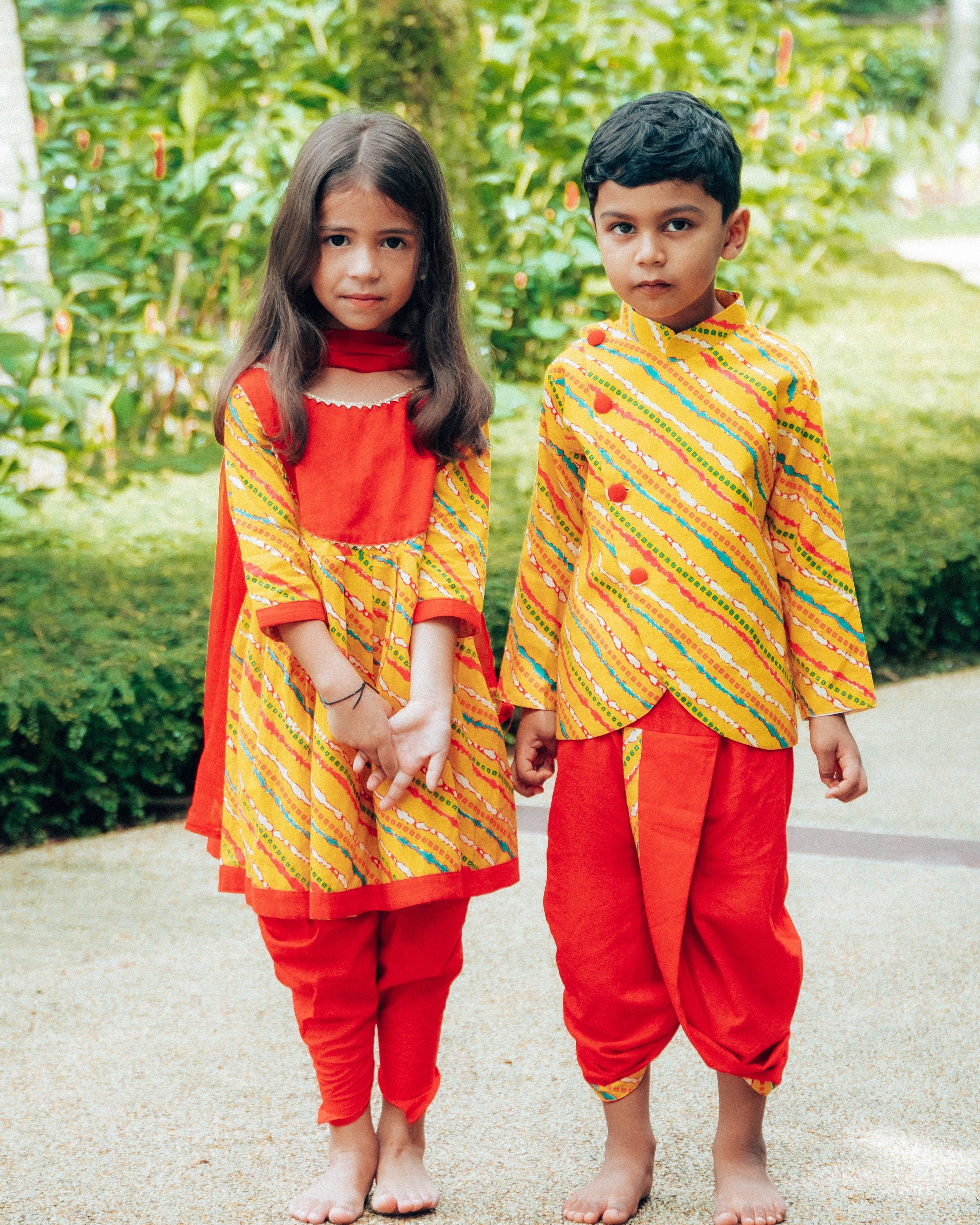 Jodhpuri Leheriya Jacket with Dhoti Pants in Yellow & Red - Nimbu Kids