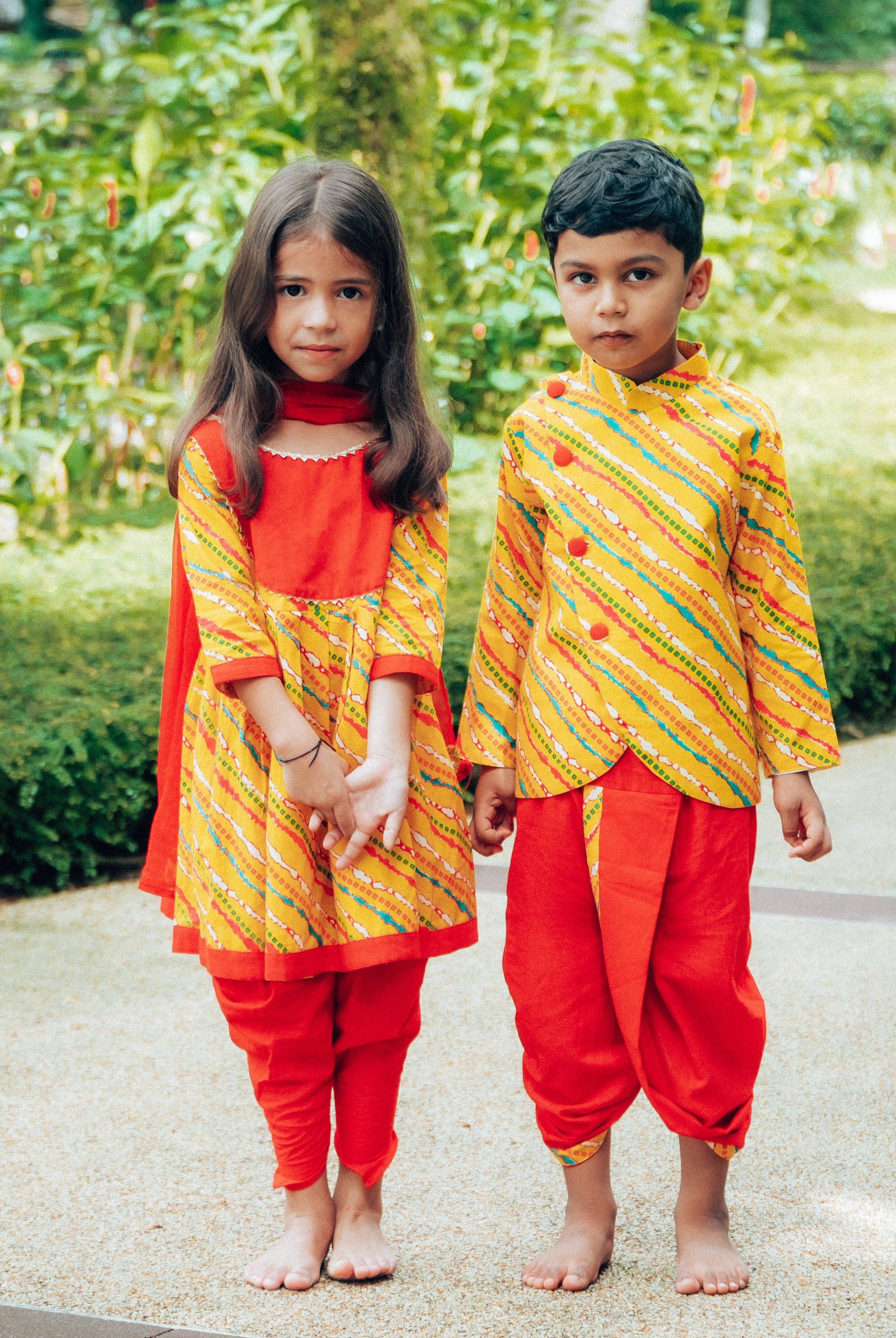 Jodhpuri Leheriya Jacket with Dhoti Pants in Yellow & Red - Nimbu Kids