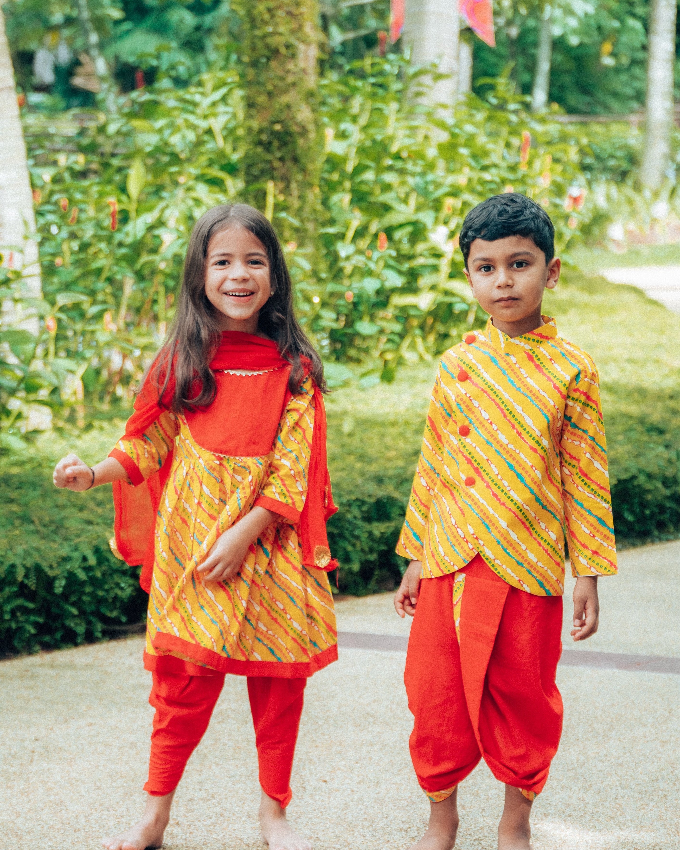 Jodhpuri Leheriya Kurti with Dhoti Pants in Yellow & Red - Nimbu Kids
