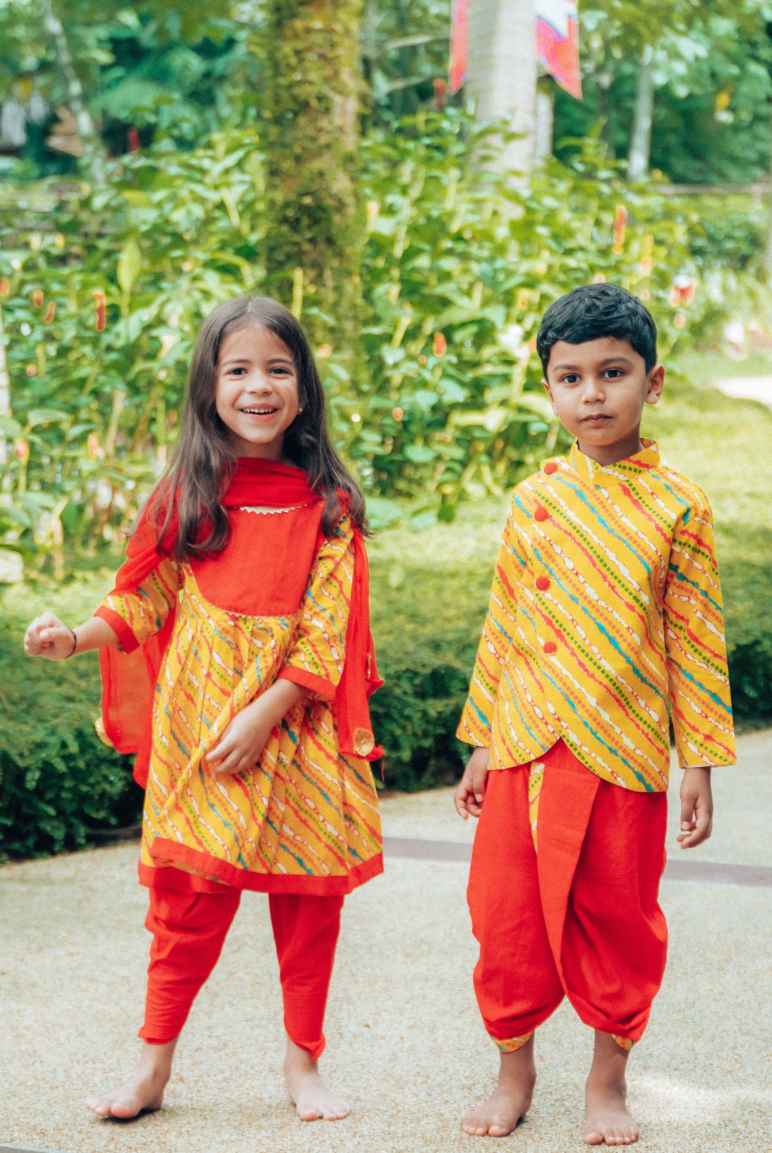 Jodhpuri Leheriya Kurti with Dhoti Pants in Yellow & Red - Nimbu Kids
