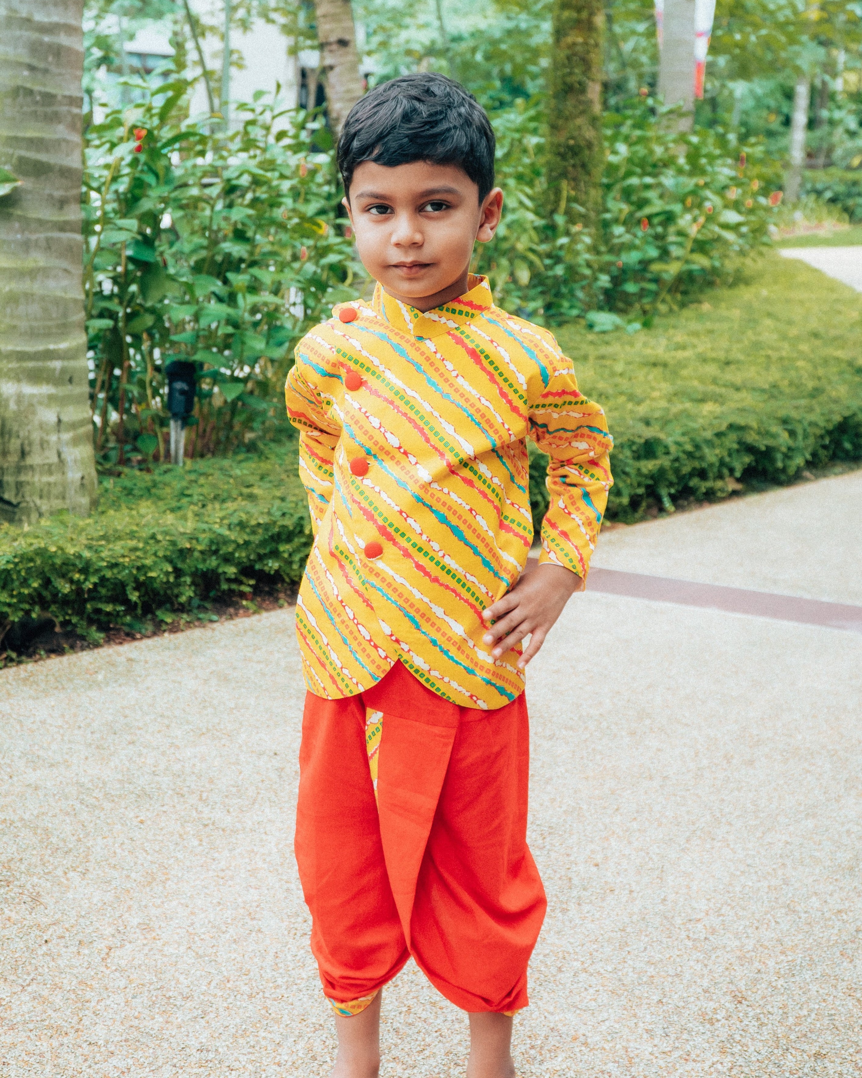 Jodhpuri Leheriya Jacket with Dhoti Pants in Yellow & Red - Nimbu Kids
