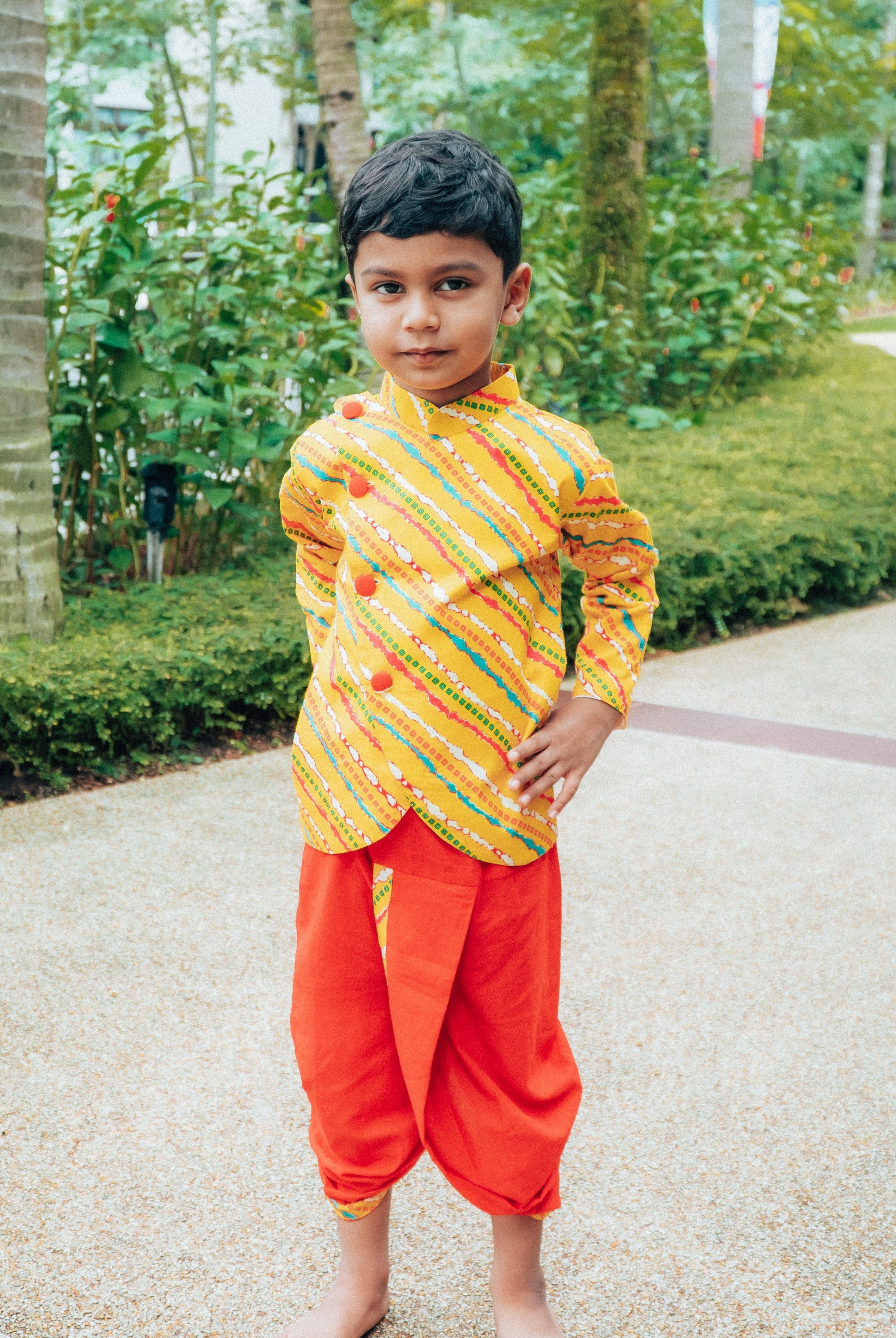Jodhpuri Leheriya Jacket with Dhoti Pants in Yellow & Red - Nimbu Kids