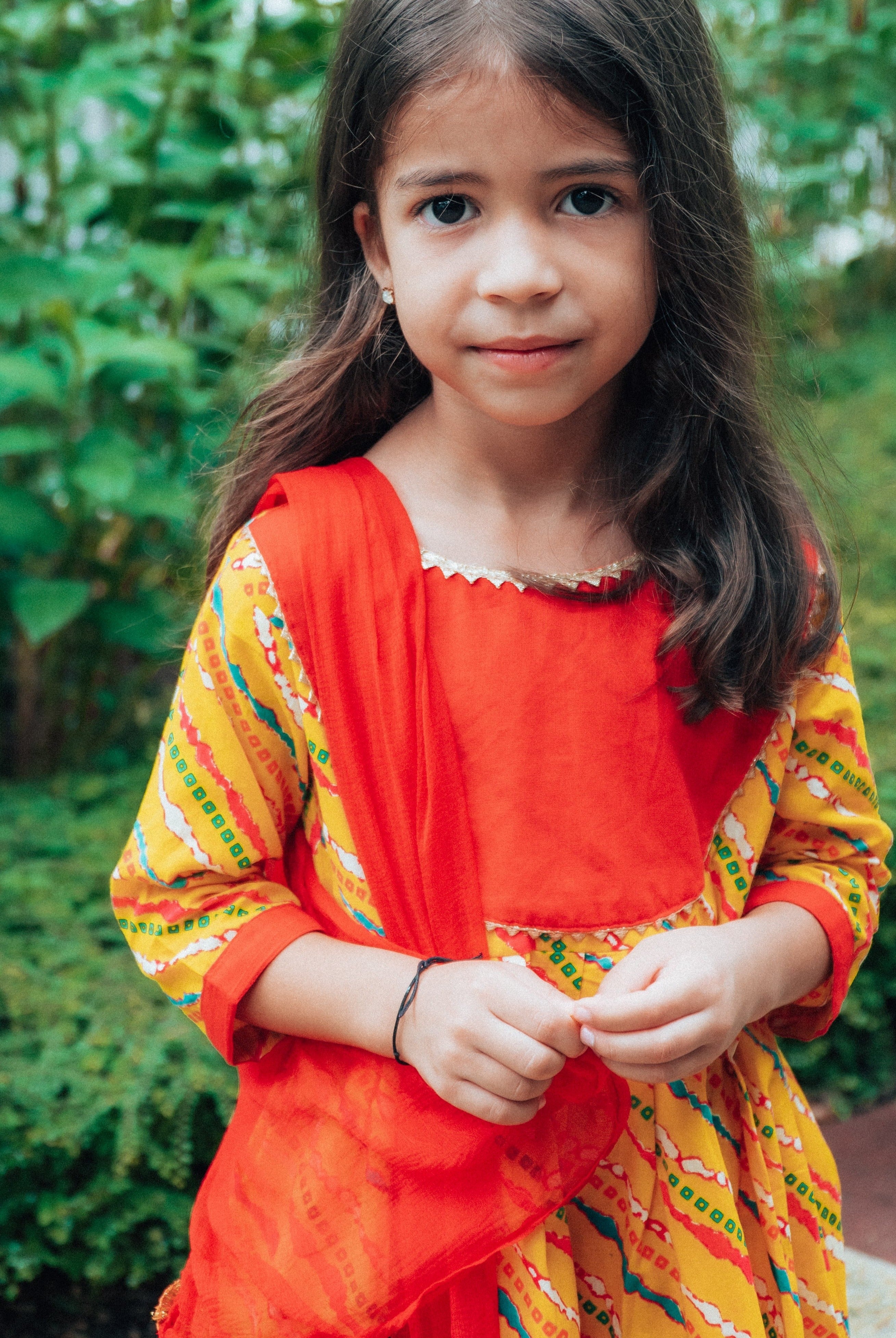 Jodhpuri Leheriya Kurti with Dhoti Pants in Yellow & Red - Nimbu Kids