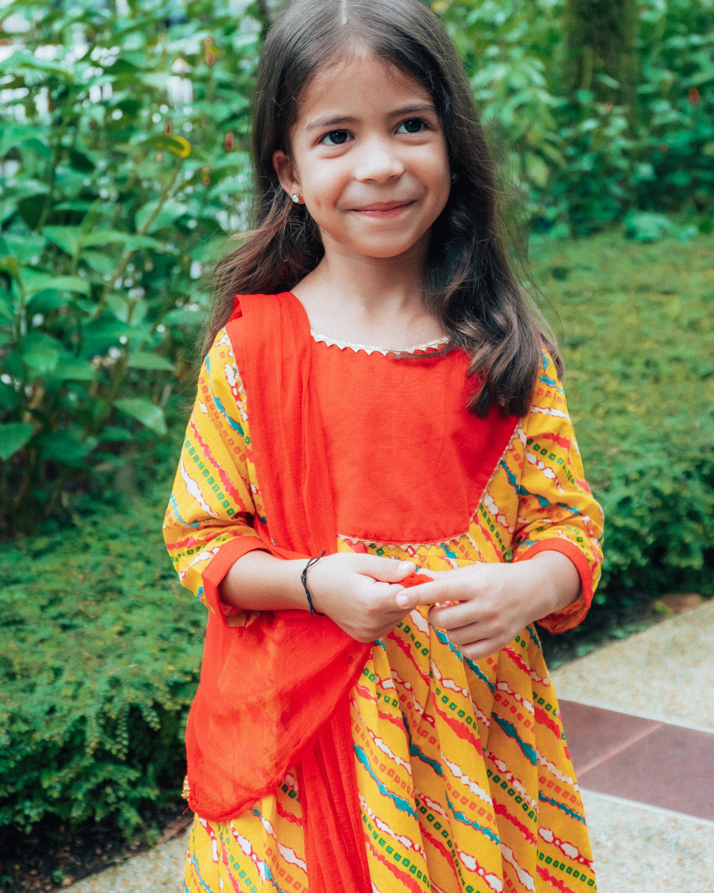 Jodhpuri Leheriya Kurti with Dhoti Pants in Yellow & Red - Nimbu Kids